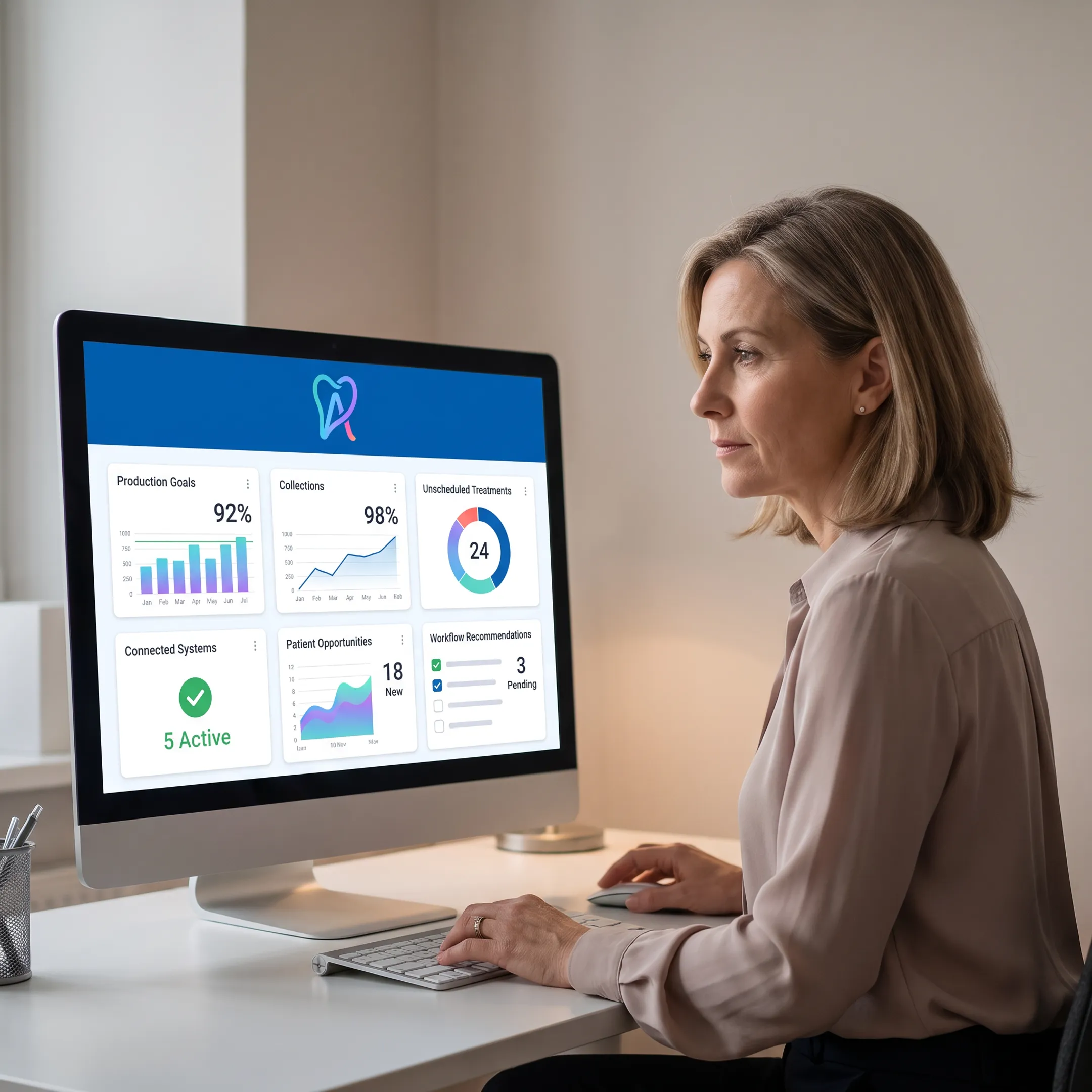 Dental operations manager viewing connected practice analytics