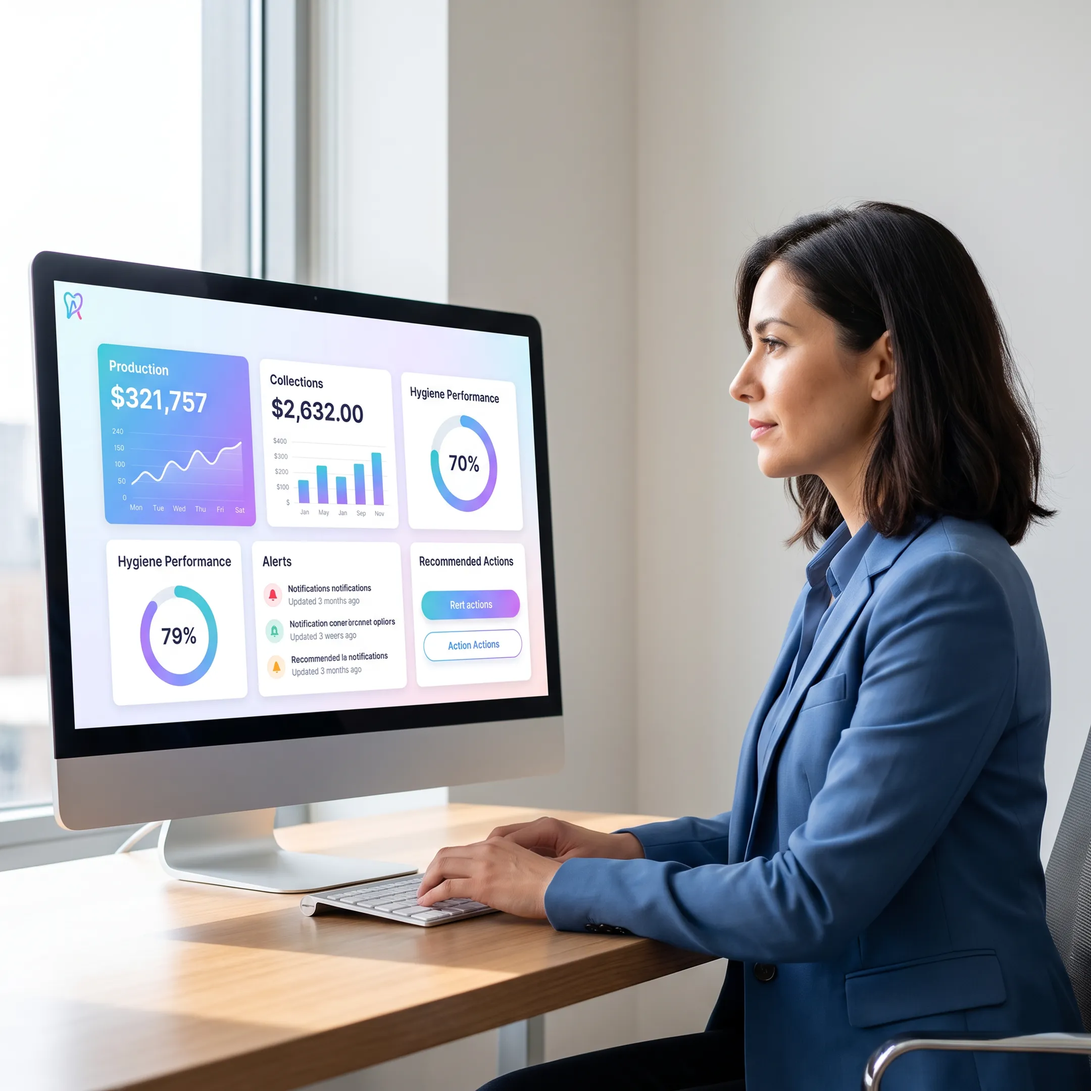 Dental operations manager viewing connected KPI dashboard insights