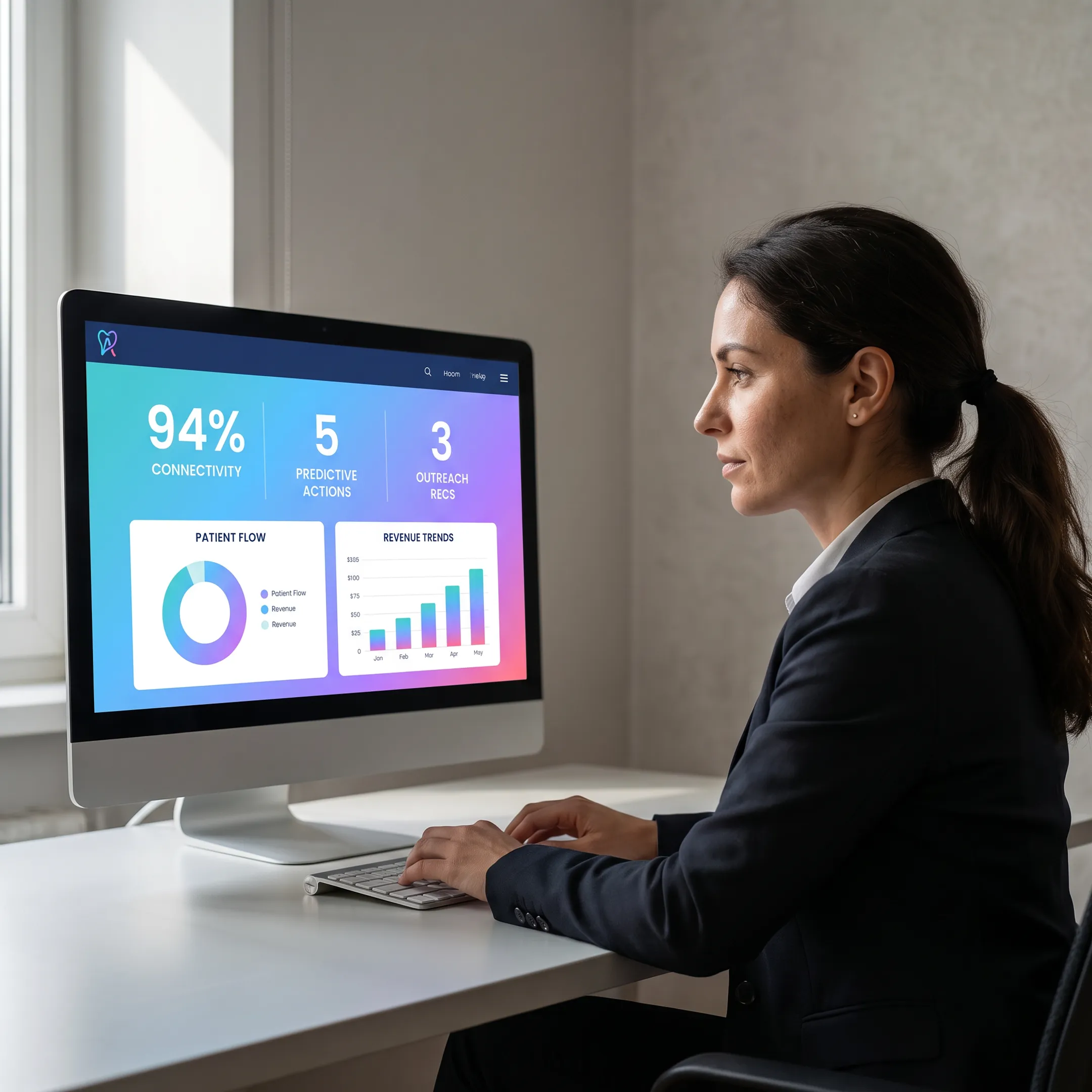 Dental operations manager viewing connected analytics and workflow recommendations