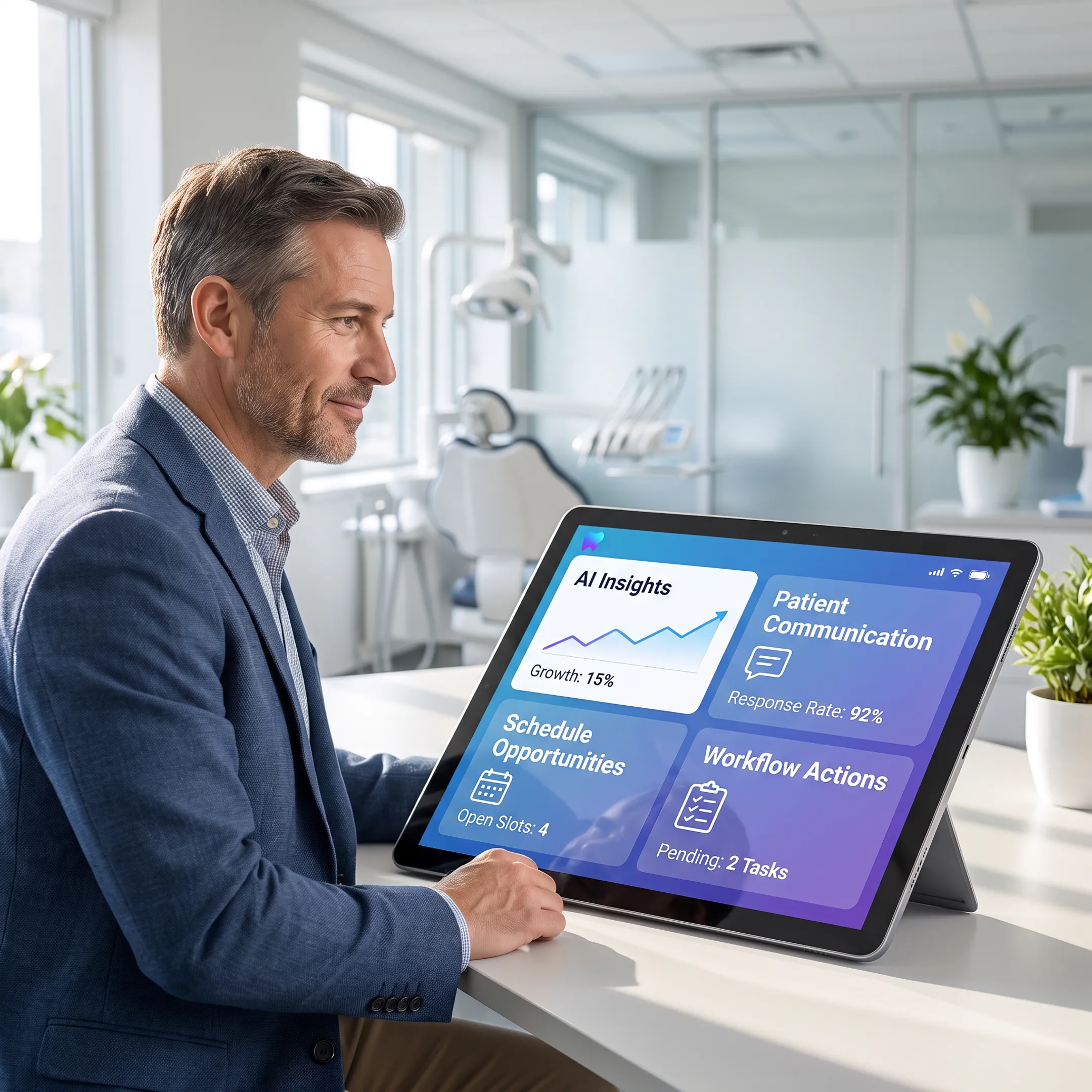 Dental operations manager reviewing connected AI insights and patient workflow recommendations