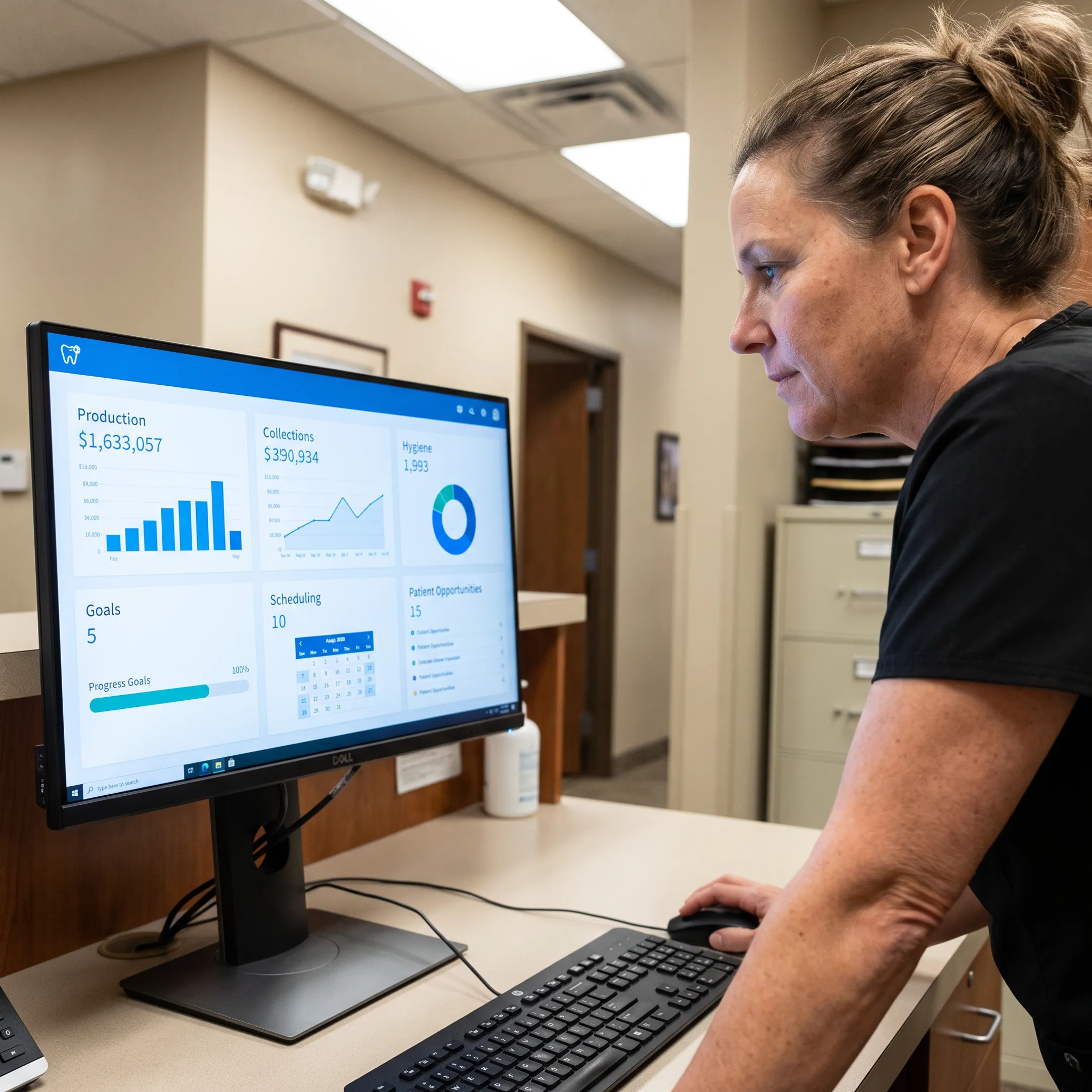 Dental operations manager viewing connected practice performance insights