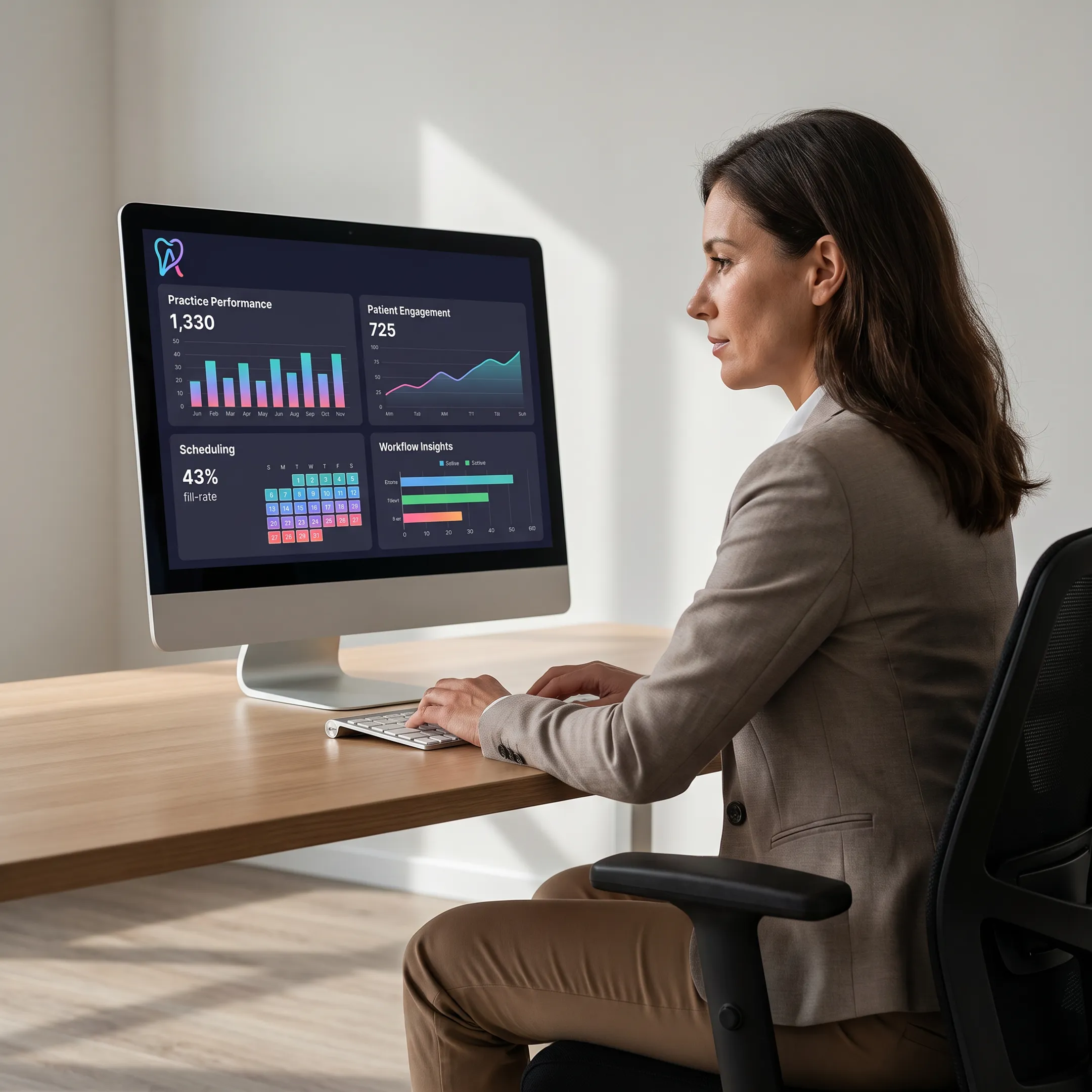 Dental operations manager viewing unified practice analytics and workflow insights