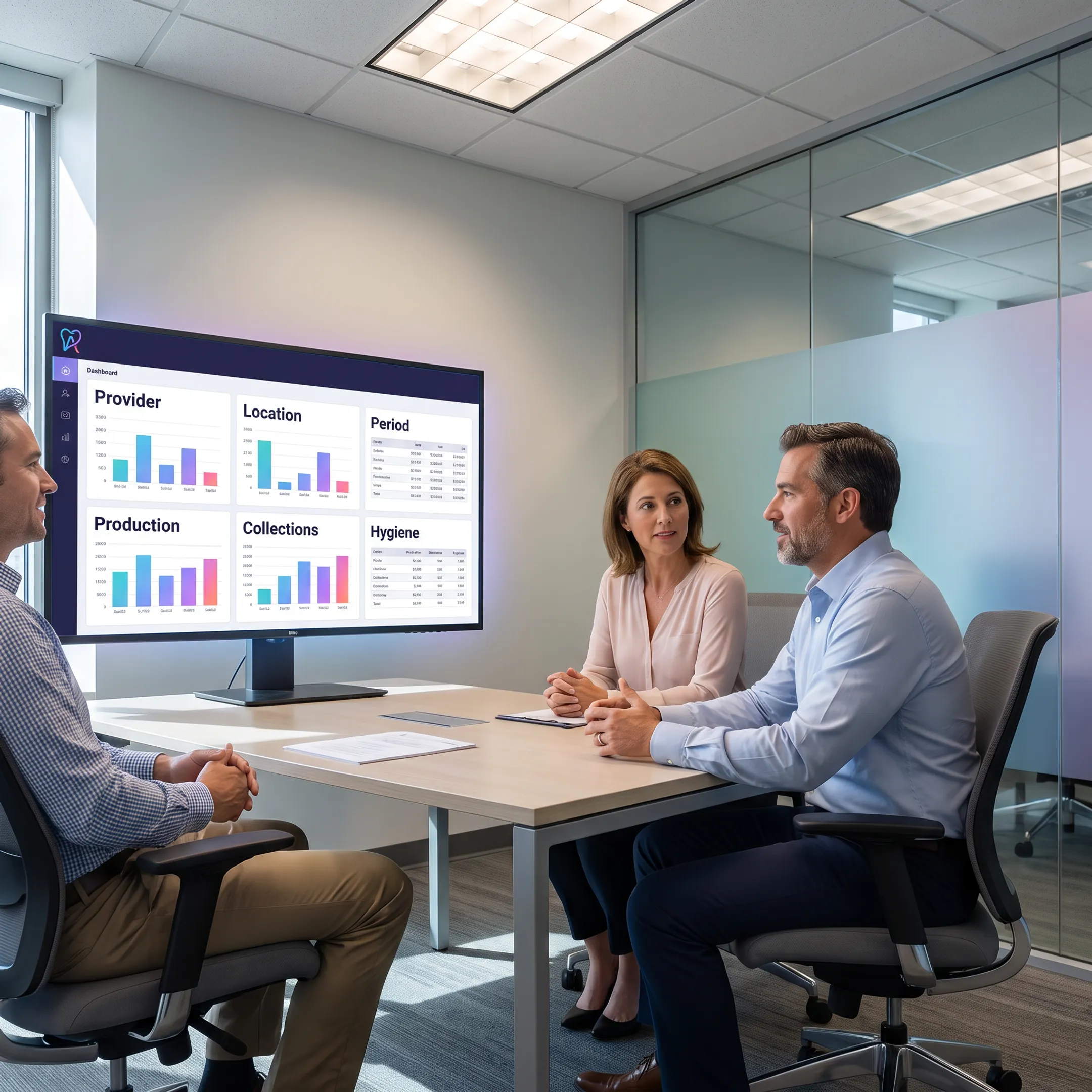 Dental leadership team reviewing provider and location comparison analytics