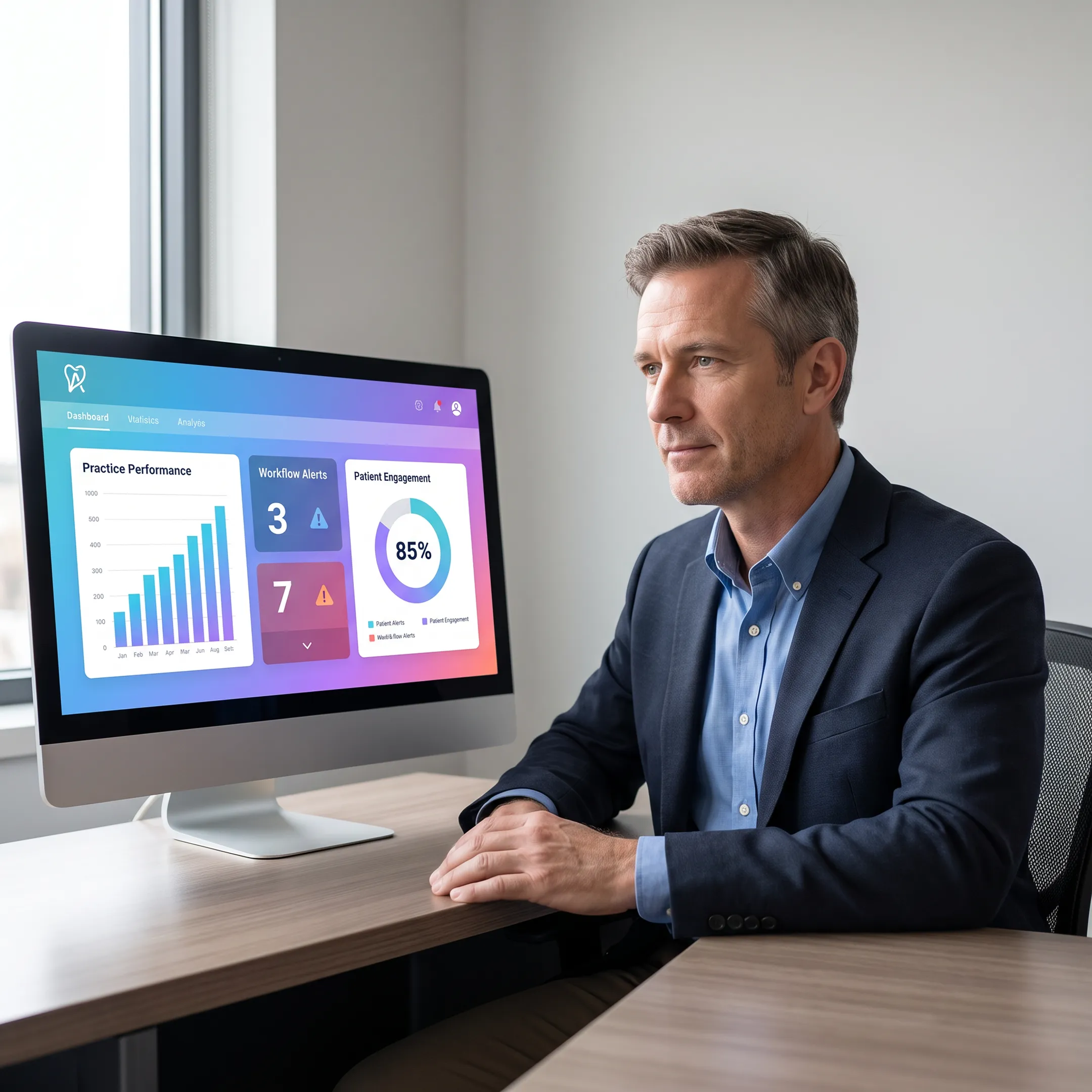 Dental operations leader viewing unified practice intelligence dashboard