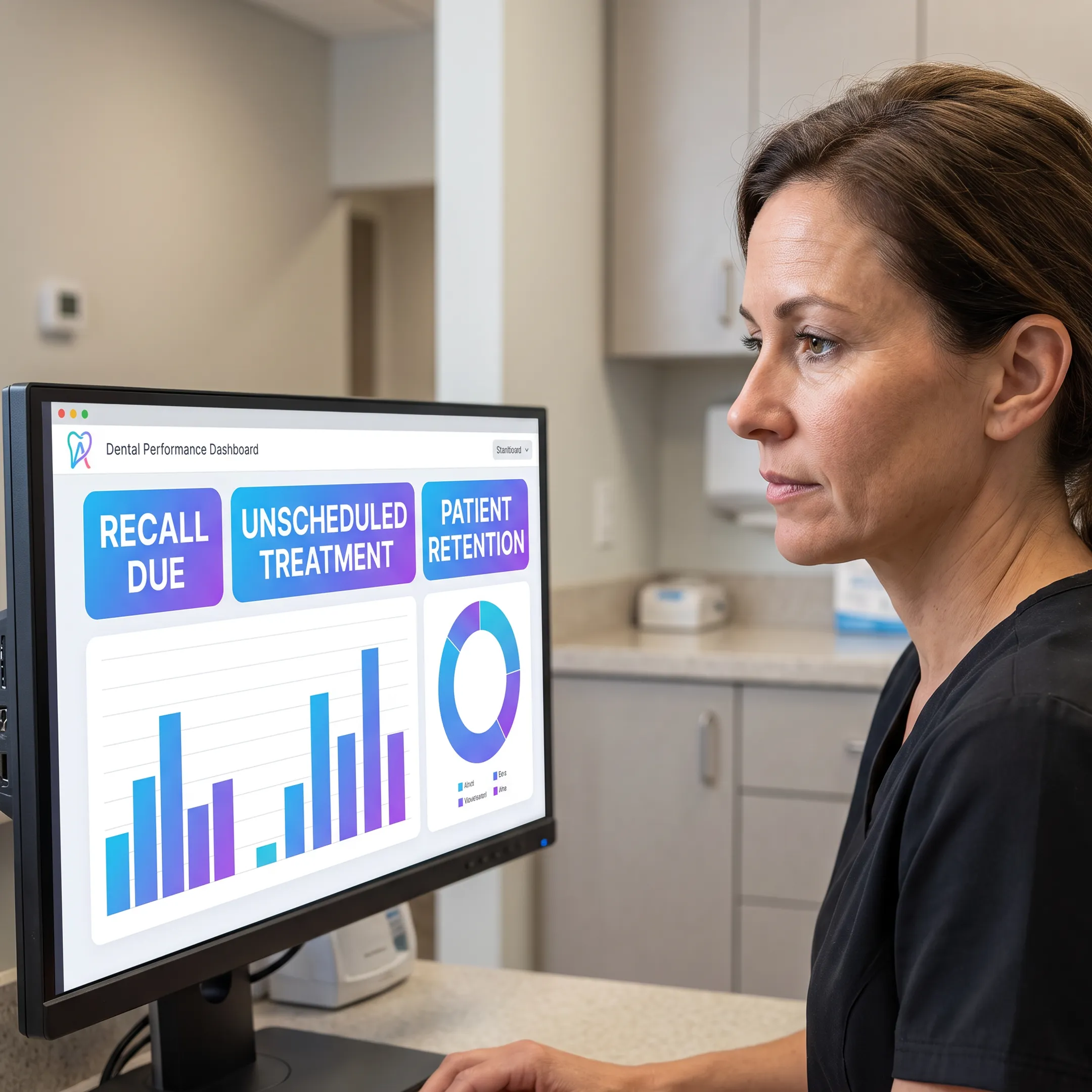 Dental practice manager reviewing automated recall and treatment follow-up recommendations