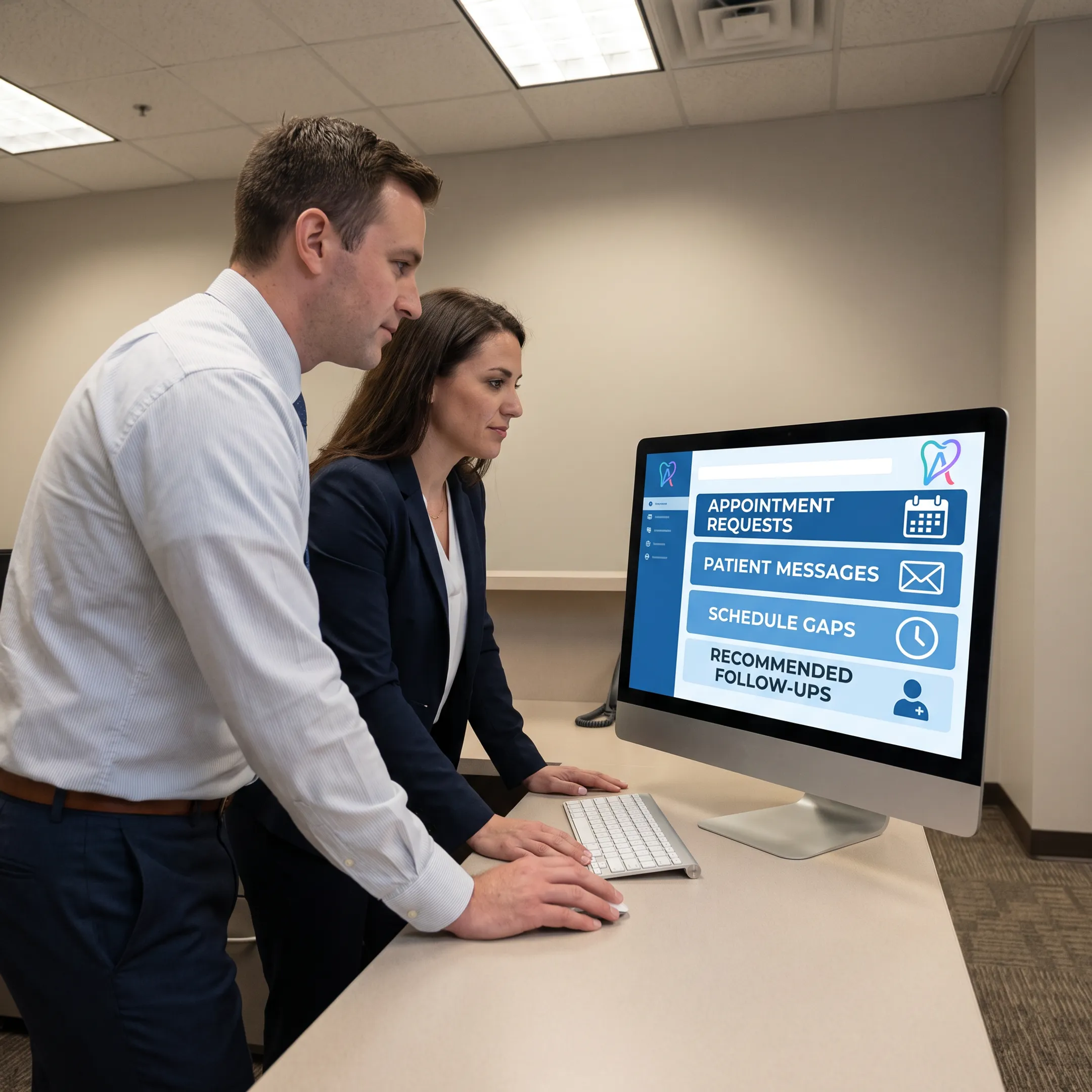 Dental practice team coordinating patient appointments through connected AI software