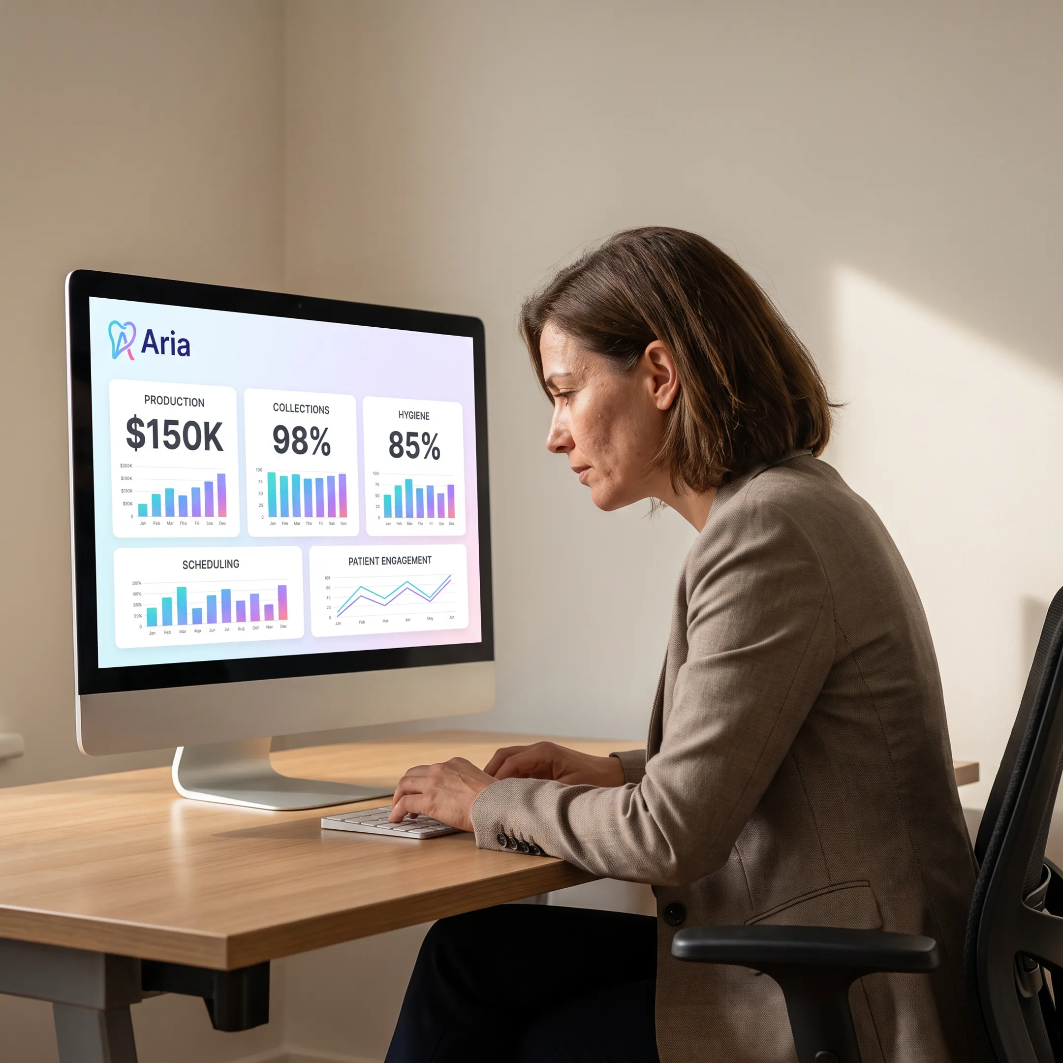 Dental operations manager viewing connected practice performance analytics