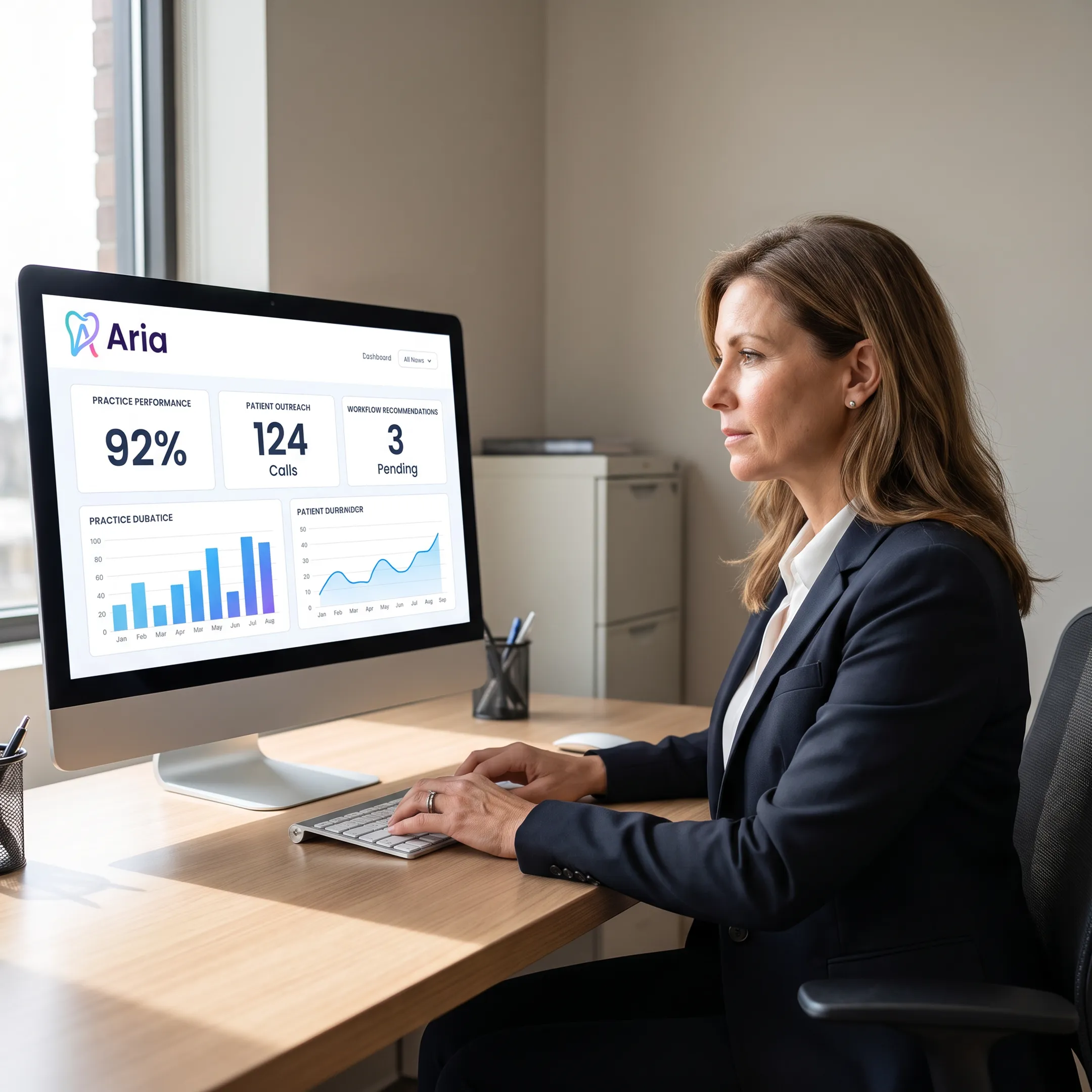 Dental operations manager viewing connected practice intelligence and workflow recommendations