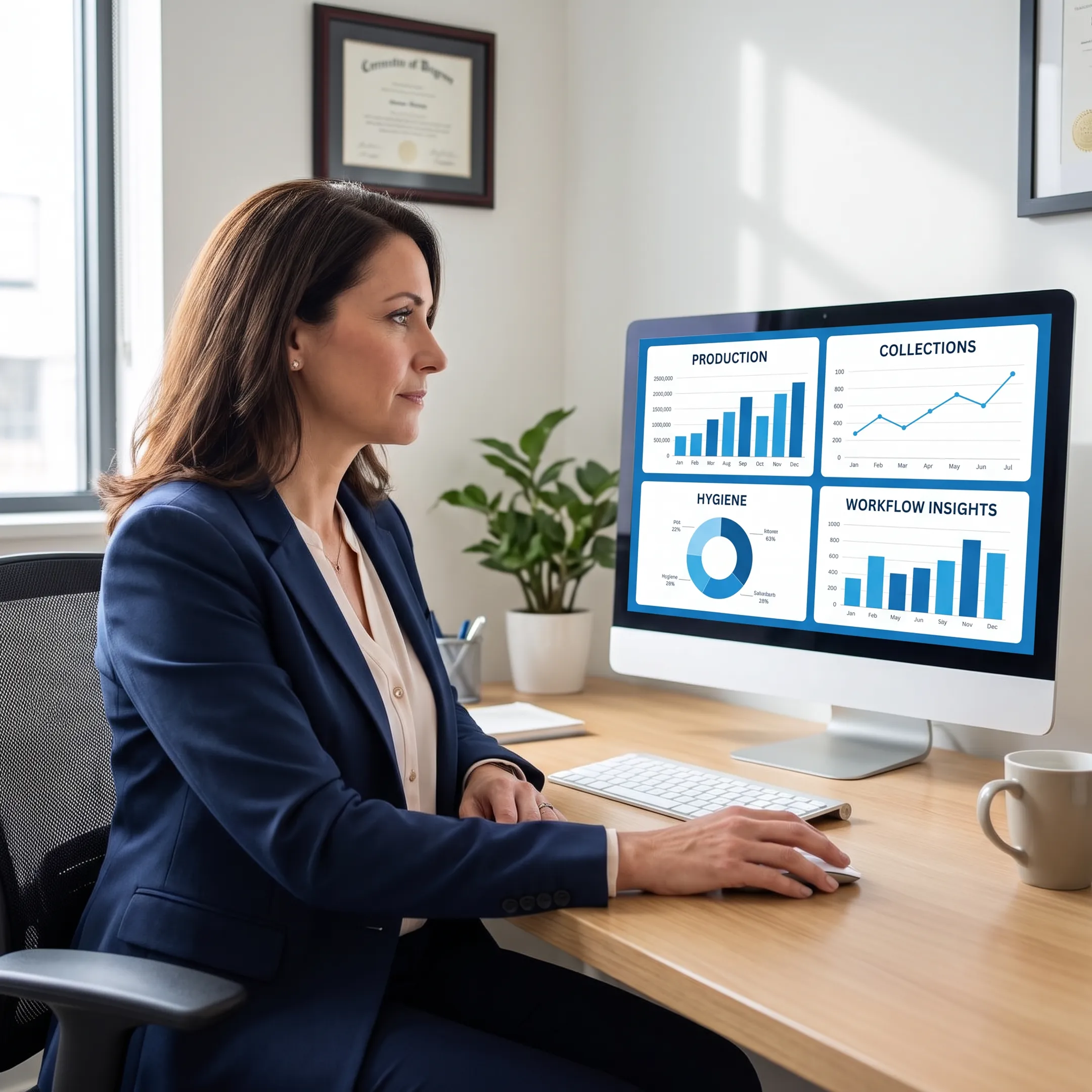 Dental operations manager viewing a customized practice analytics report
