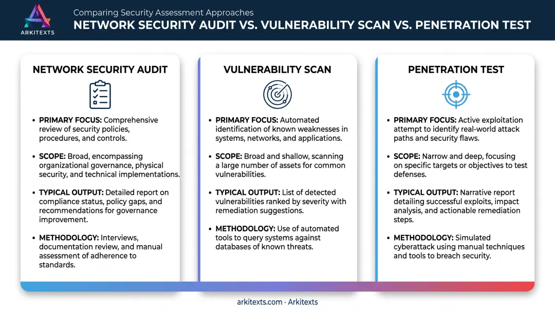 Comparison of network audit vulnerability scan and penetration test scope