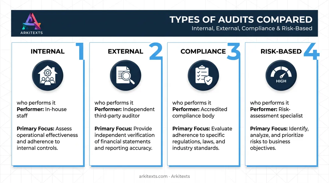 Four types of network security audits compared by focus and performer