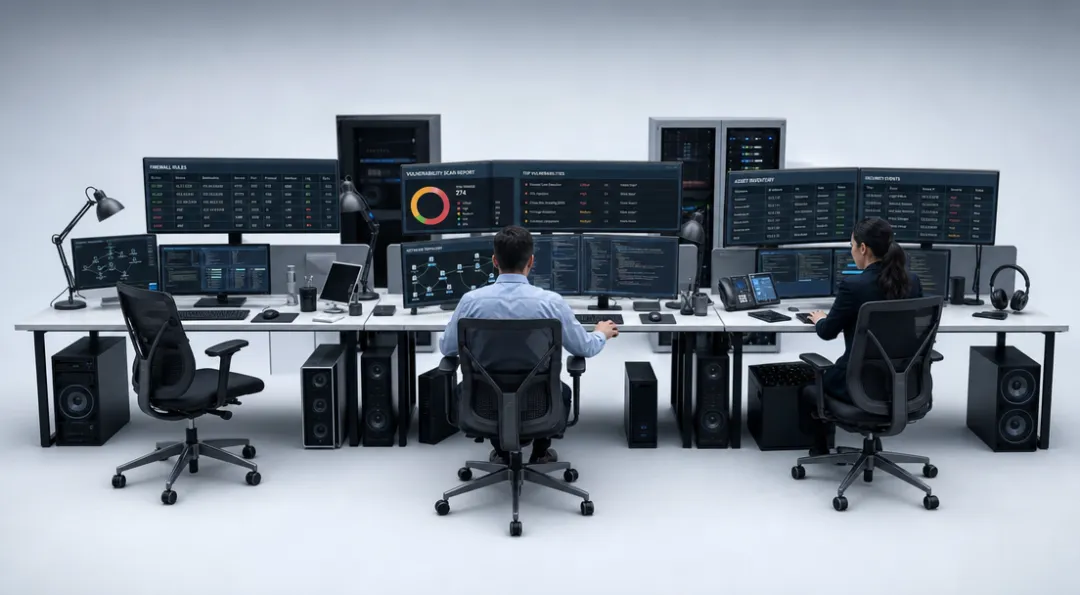 IT security team reviewing firewall configuration and vulnerability scan results