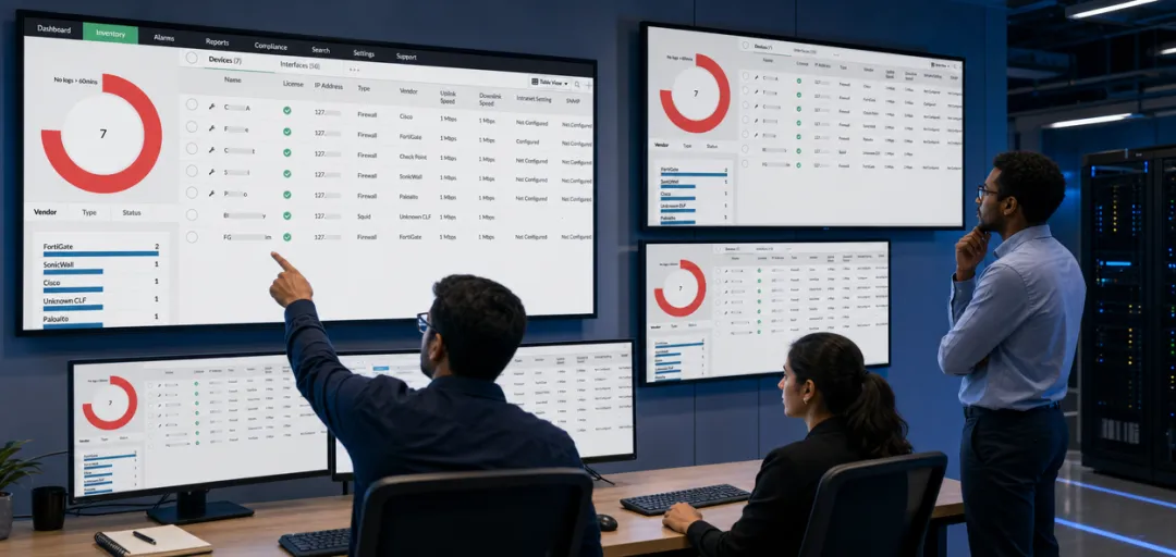 Network operations center monitoring firewalls switches and connectivity dashboards