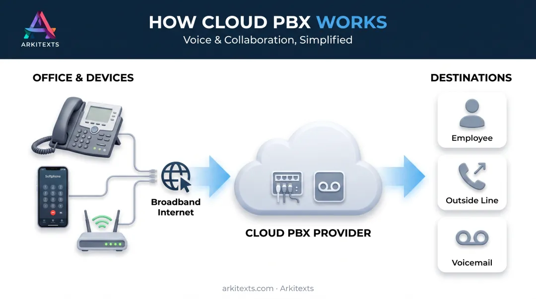 Cloud PBX call routing architecture from office devices to provider servers