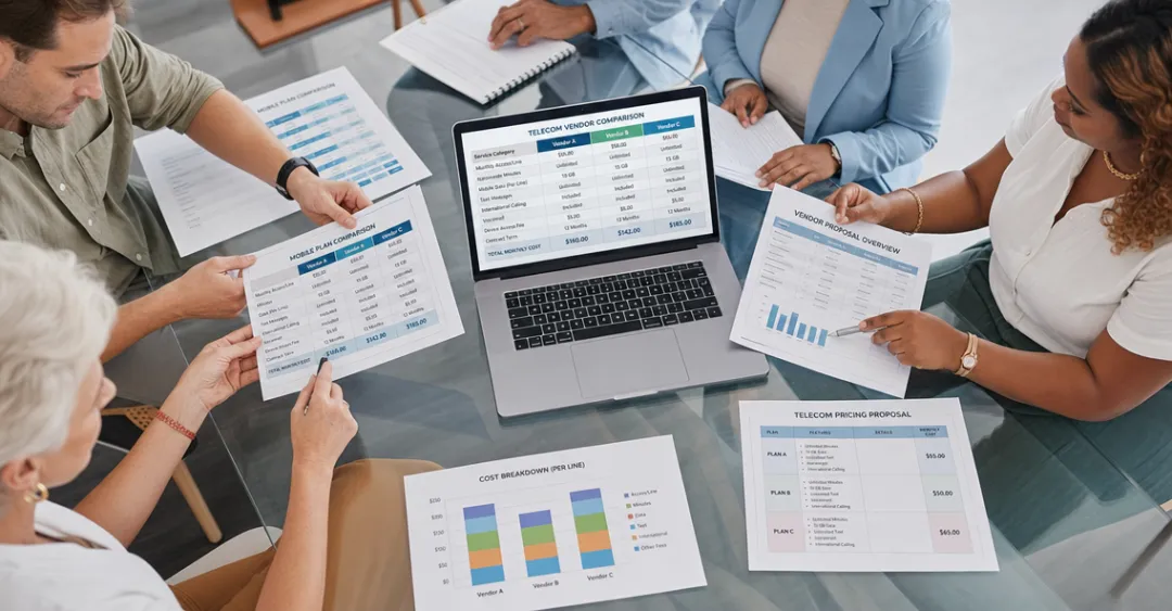 Business team comparing multiple vendor phone system pricing quotes