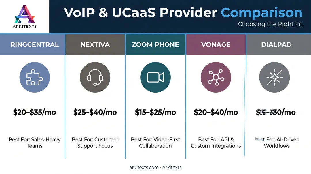 Comparison chart of five top VoIP providers pricing and best-use cases