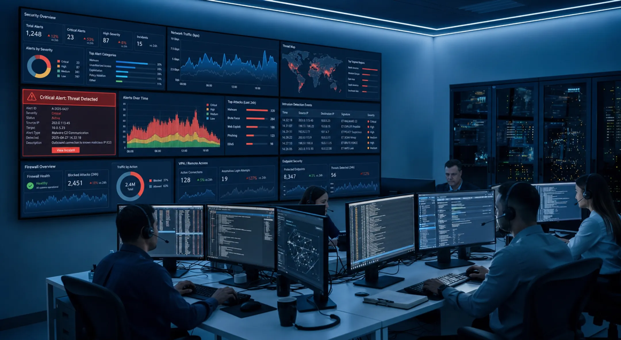 Enterprise network security operations center monitoring firewall threat detection