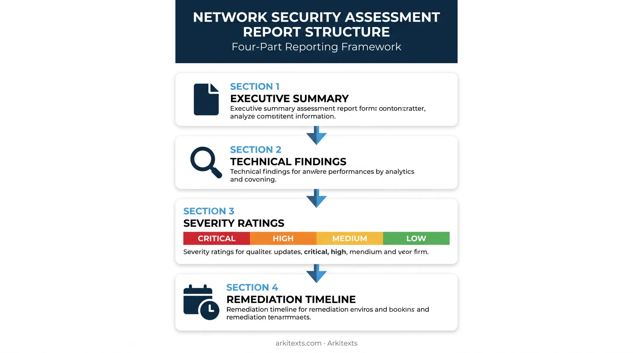 Security assessment report structure with severity ratings and remediation timeline