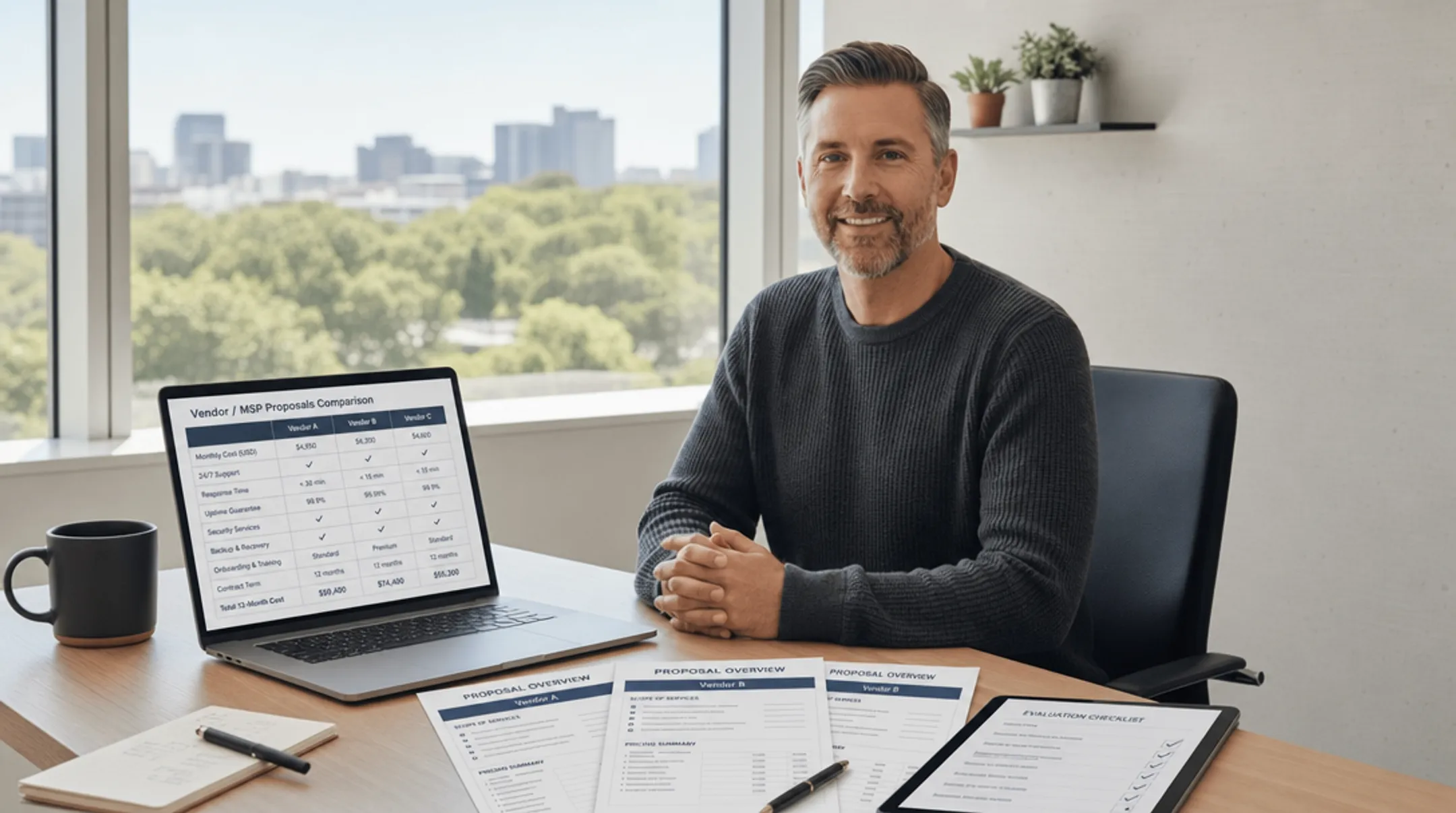 Business professional comparing multiple vendor proposals on laptop screen