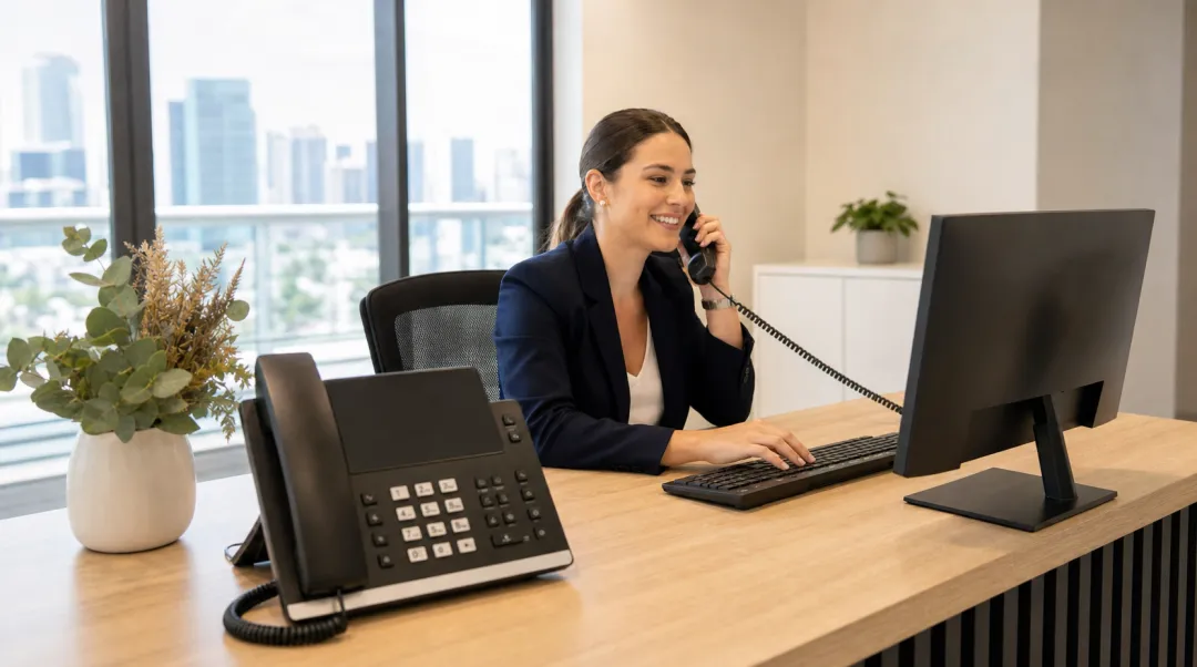 Small business office employee using VoIP desk phone system