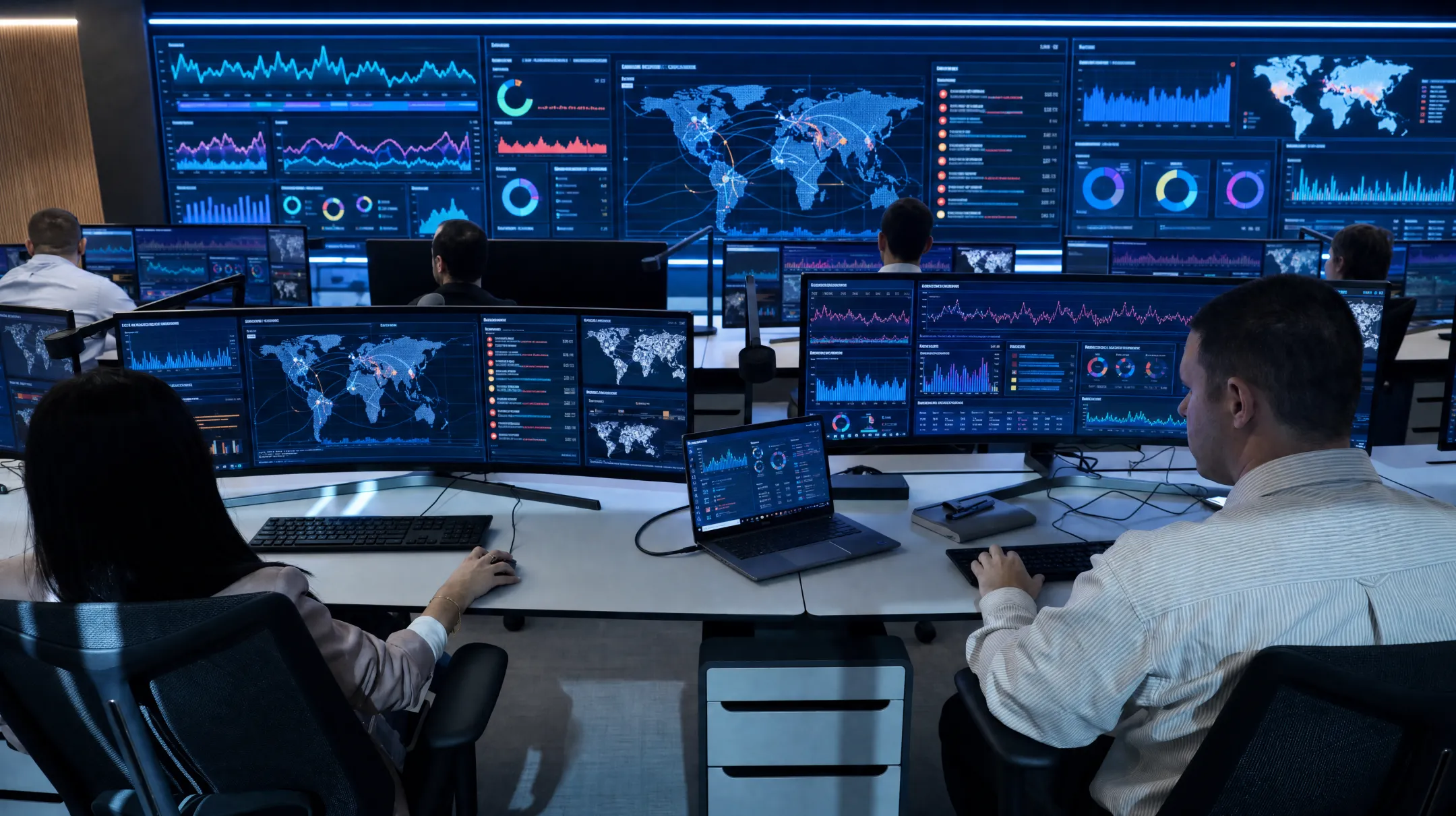 Security operations center analyst monitoring network traffic dashboards