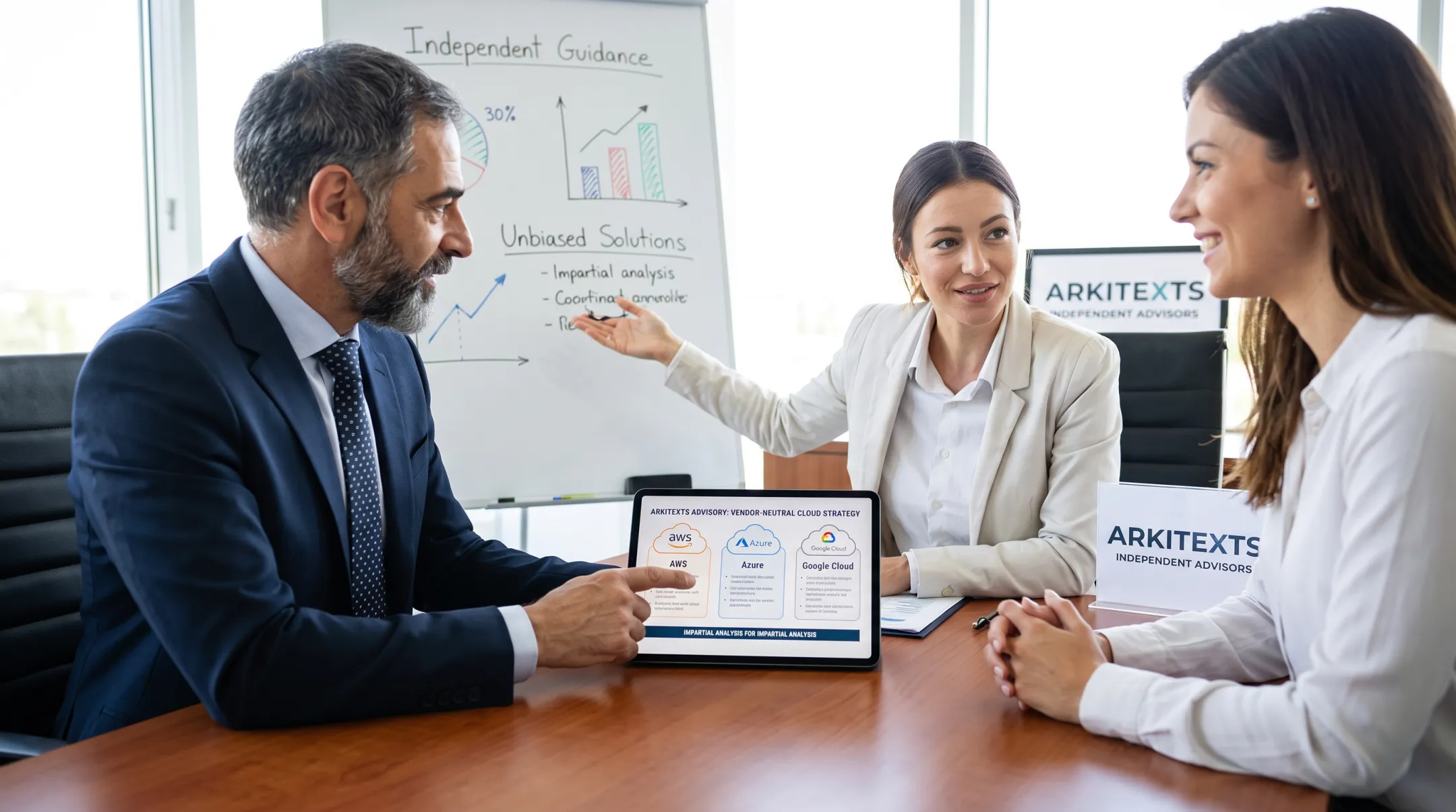 Arkitexts vendor-neutral advisory team reviewing cloud strategy with client