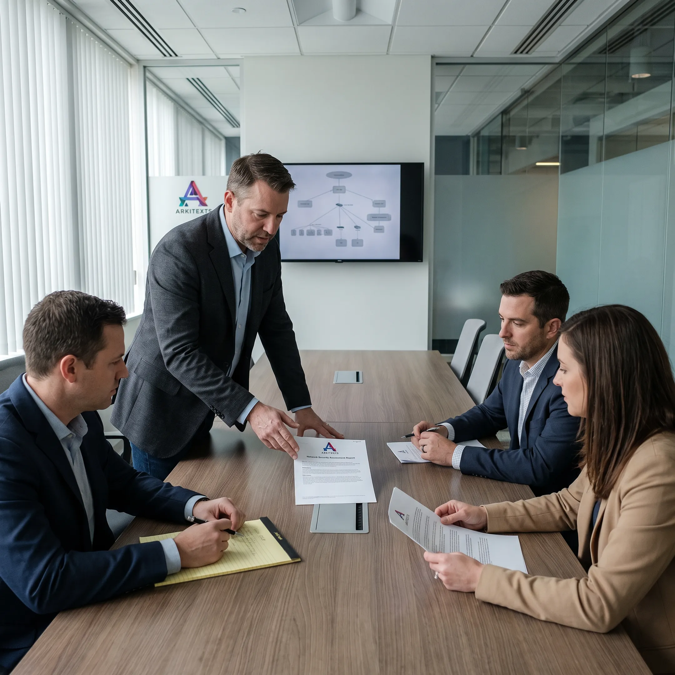 Consultant discussing network security options with business leaders