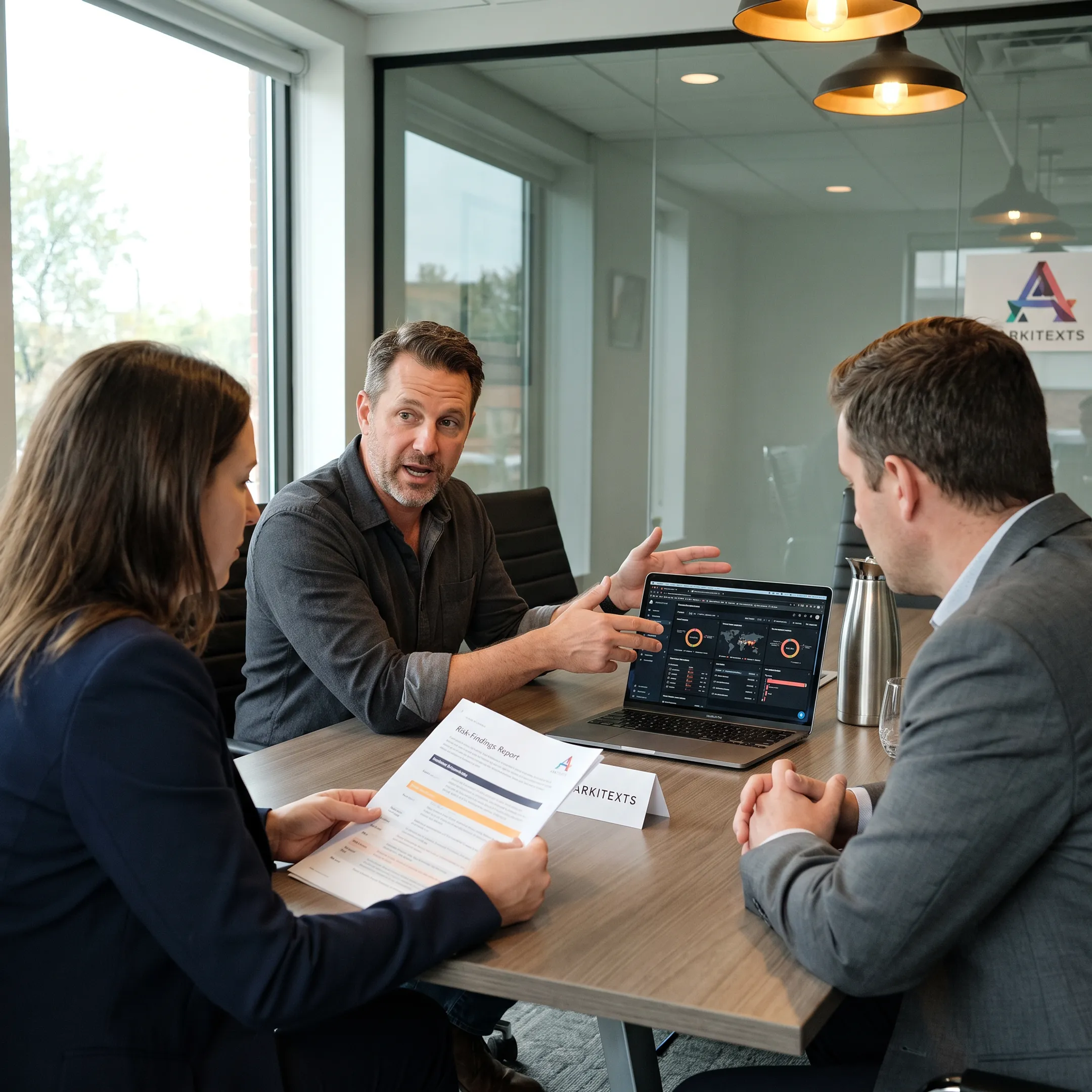 Security advisor discussing network protection with business leaders
