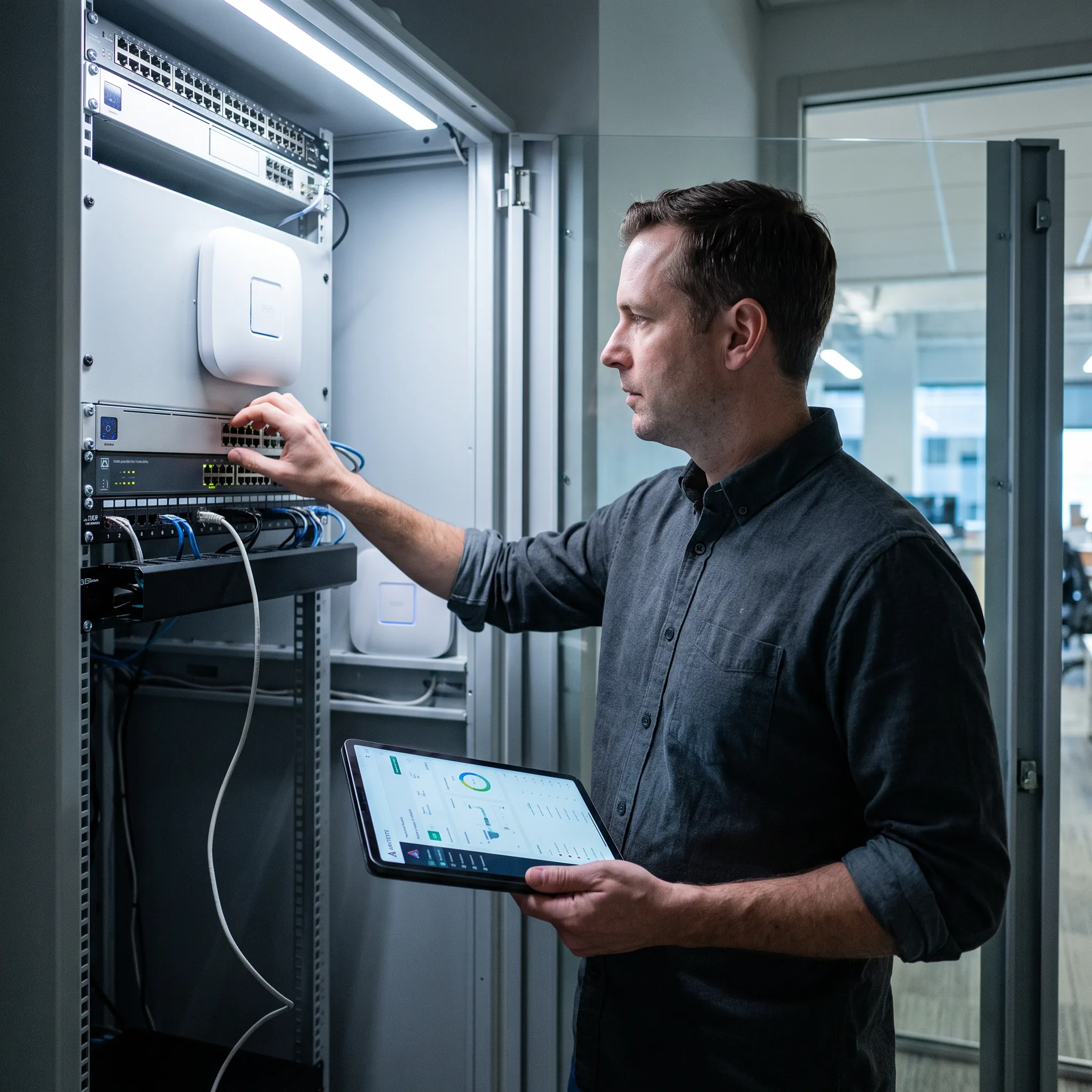Technician reviewing business wireless network equipment