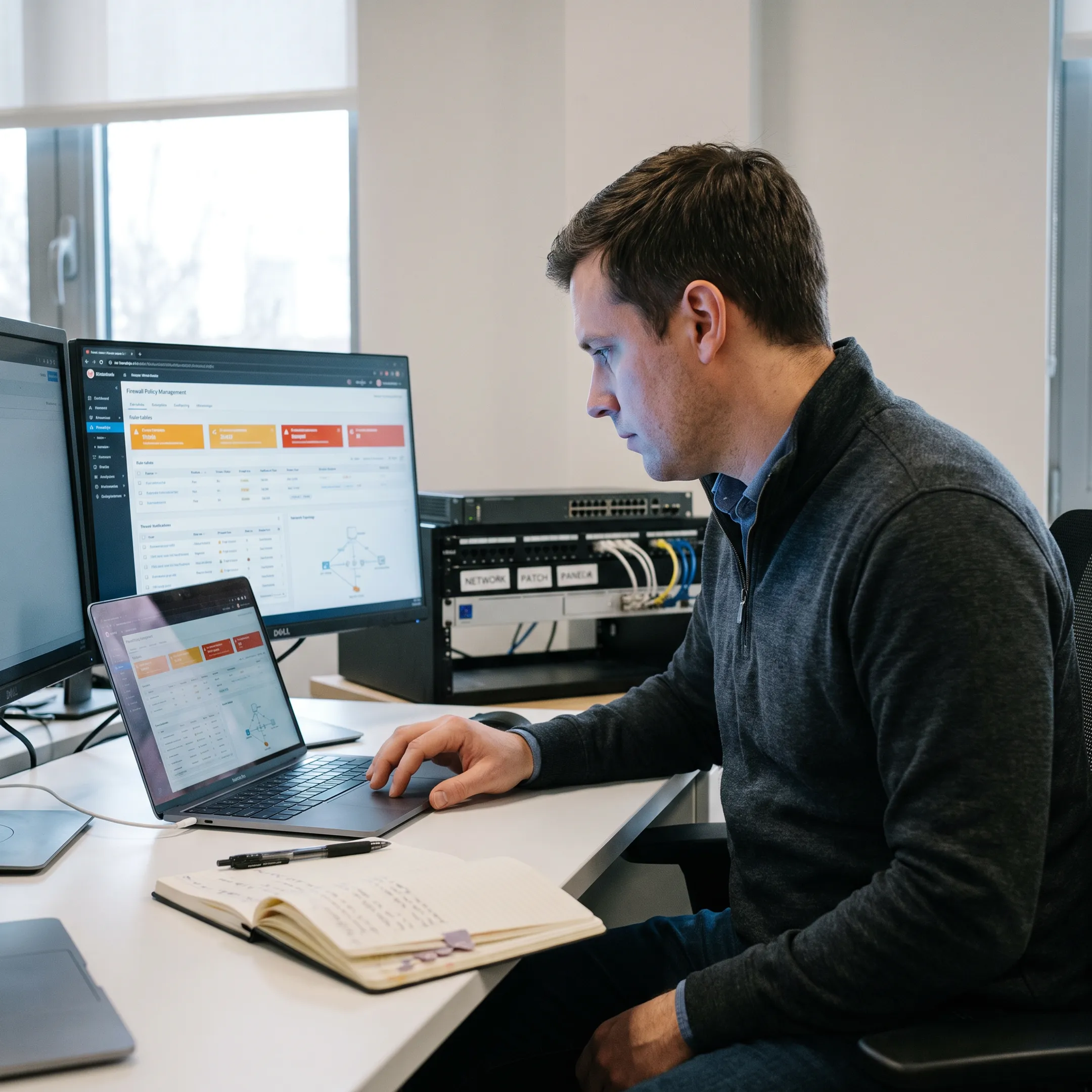 Network security professional reviewing firewall settings
