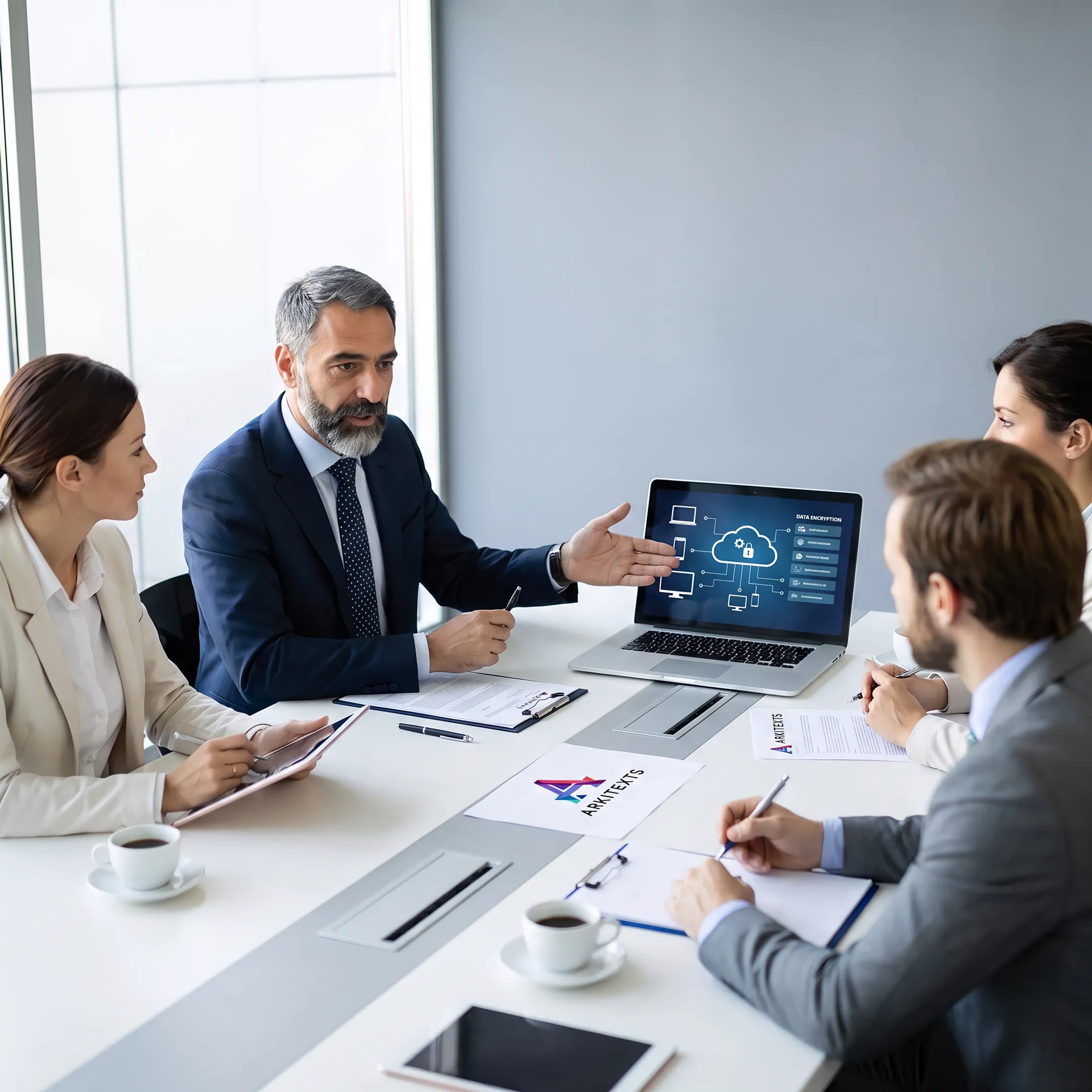 Advisor discussing secure communications technology with clients