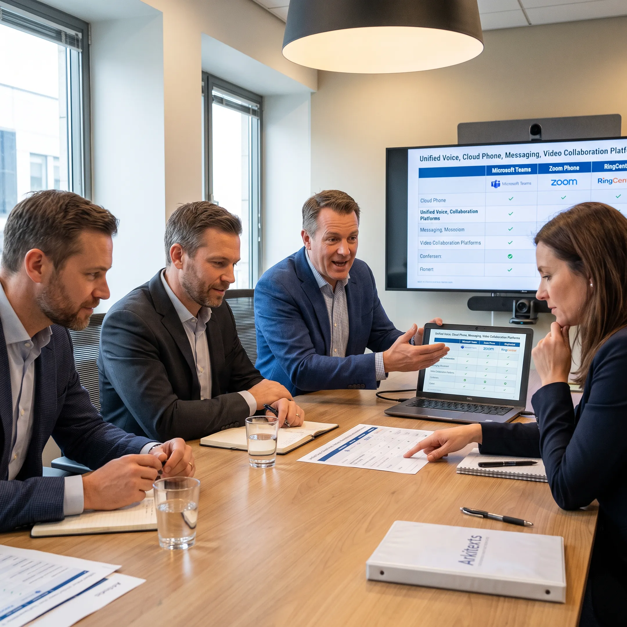 Advisor reviewing unified communications options with business leaders