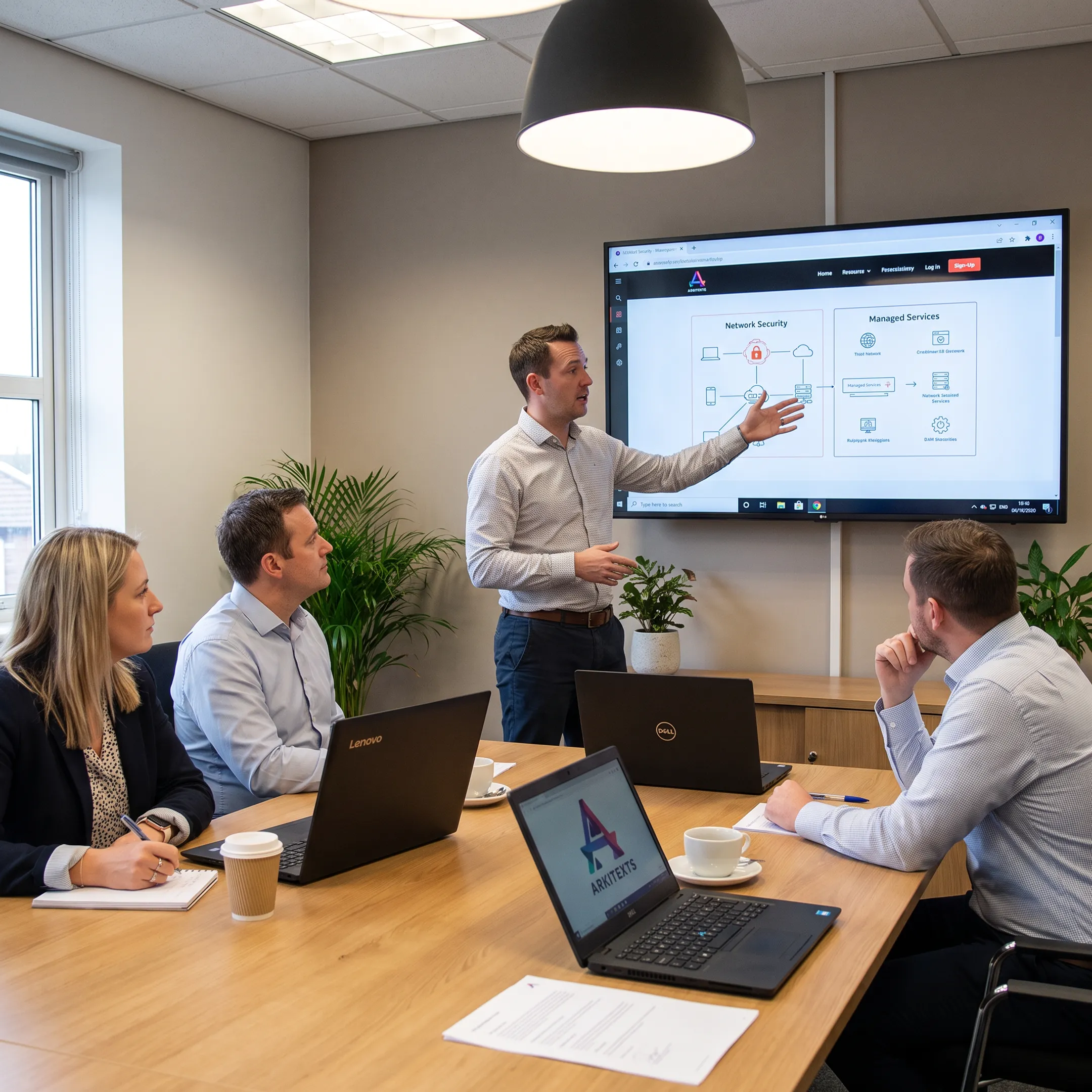 Advisor discussing network strategy with business leaders