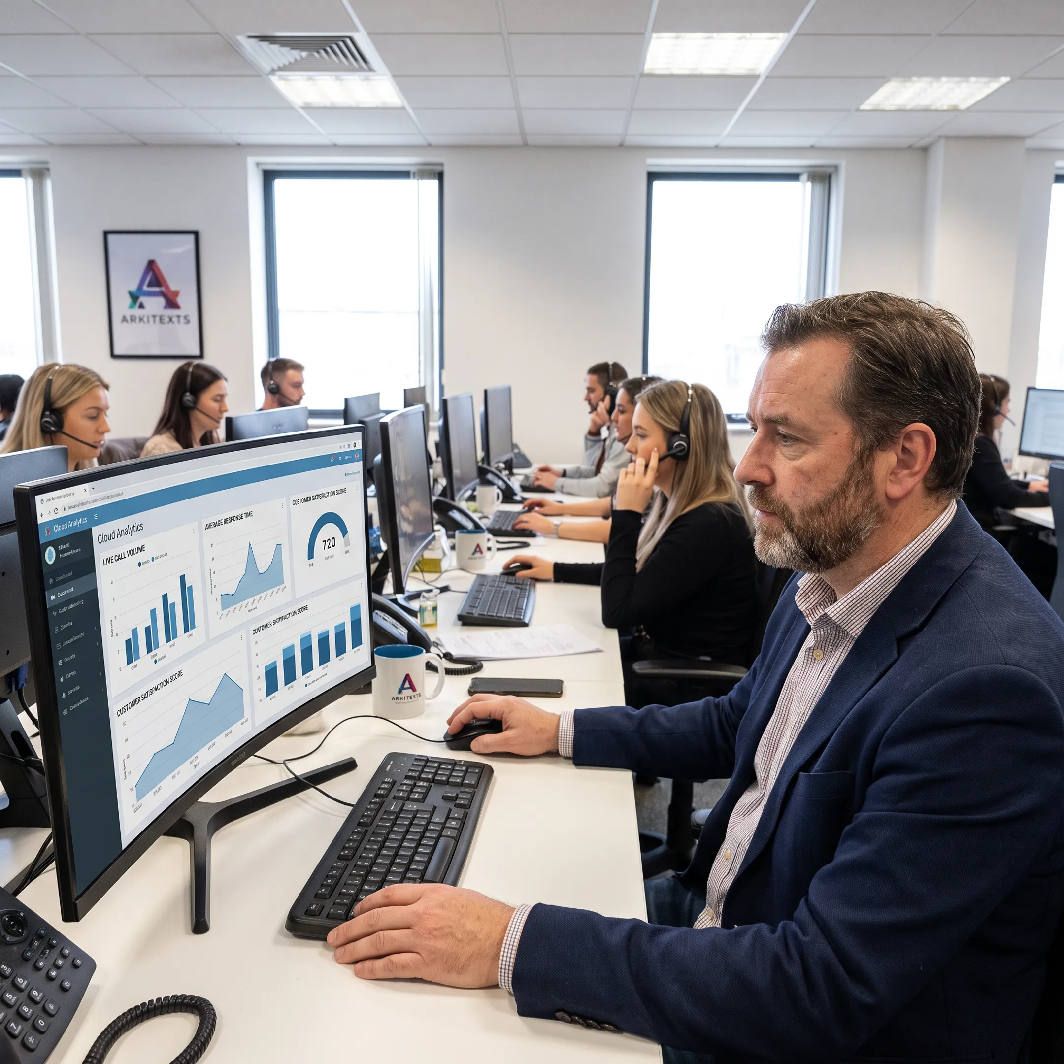 Manager reviewing cloud call center analytics