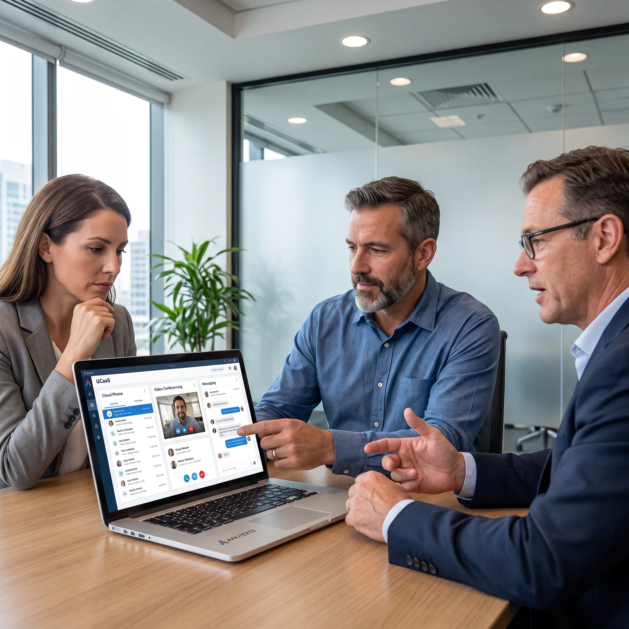 Advisor reviewing cloud communications options with business leaders