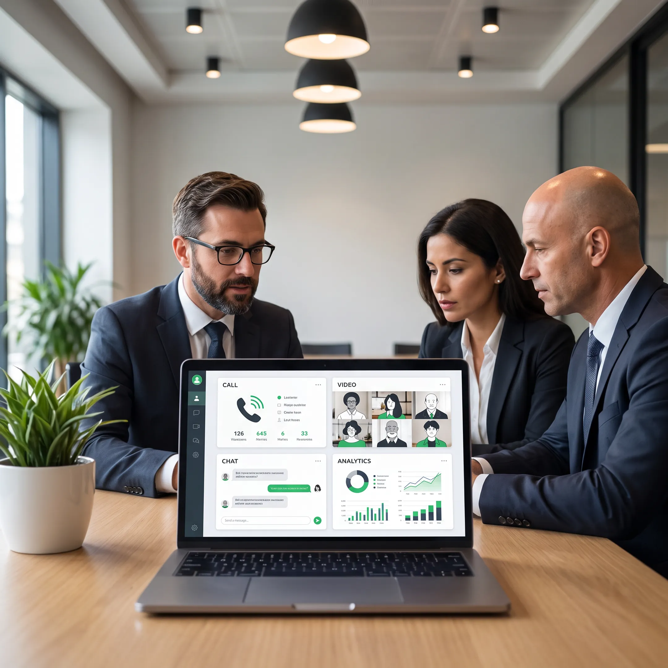 Advisor reviewing cloud communications options with business leaders