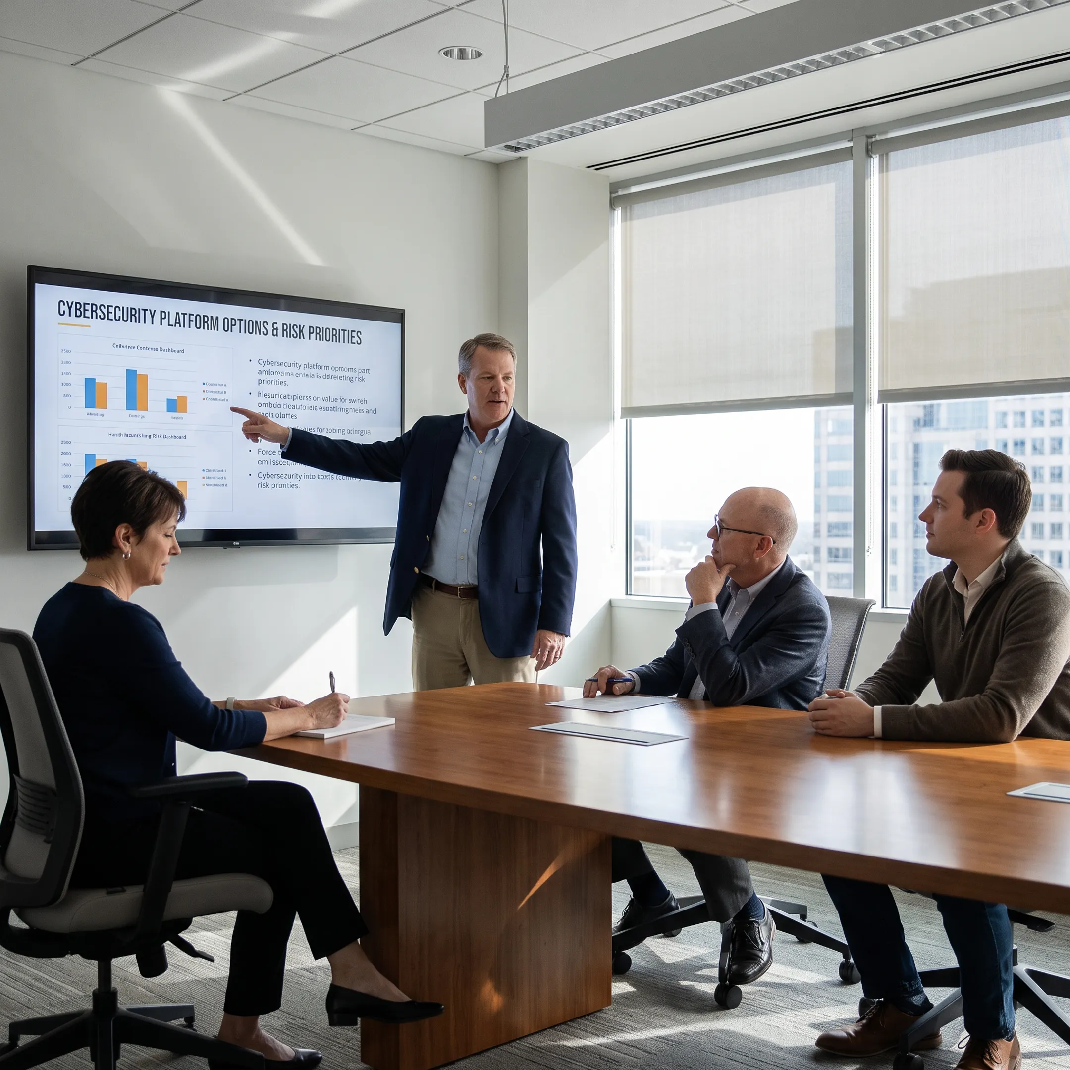 Advisor discussing cybersecurity options with business team
