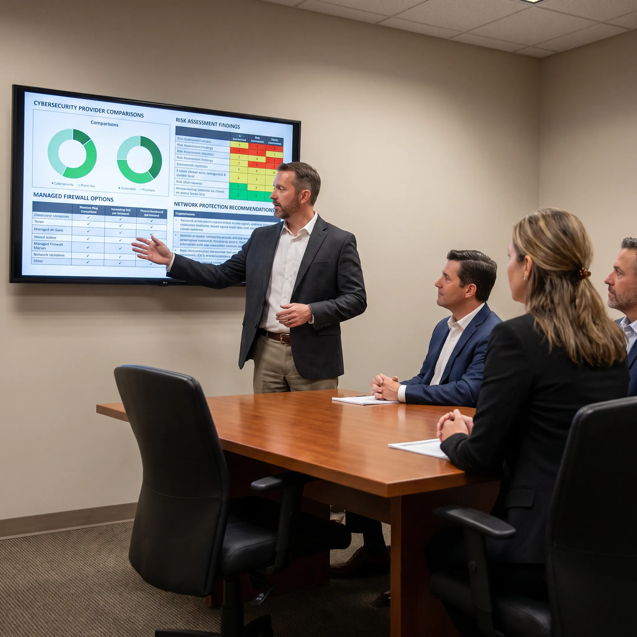 Advisor comparing cybersecurity solutions with business leaders