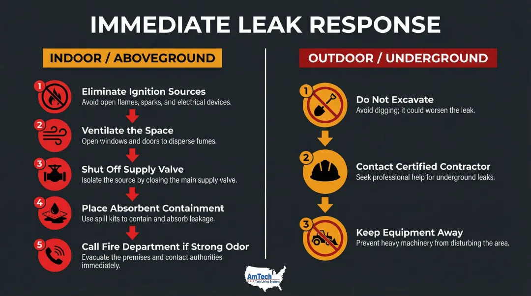 Oil tank leak emergency response steps for indoor and underground leaks