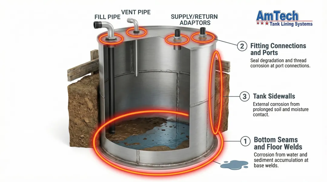 Three most common oil tank leak locations bottom seams fittings and sidewalls