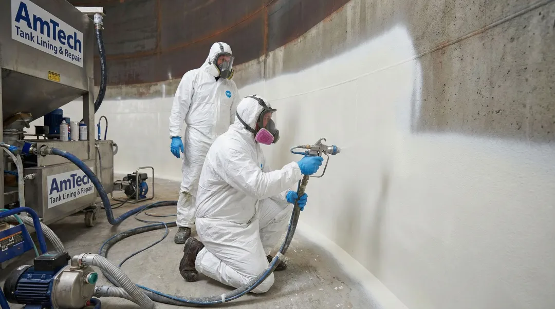 AmTech tank relining spray application process showing polyurea coating on steel interior