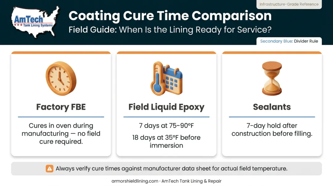 Coating cure time comparison chart for FBE field epoxy and sealant systems