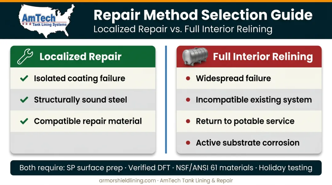 Bolted steel tank repair versus full interior relining decision comparison infographic