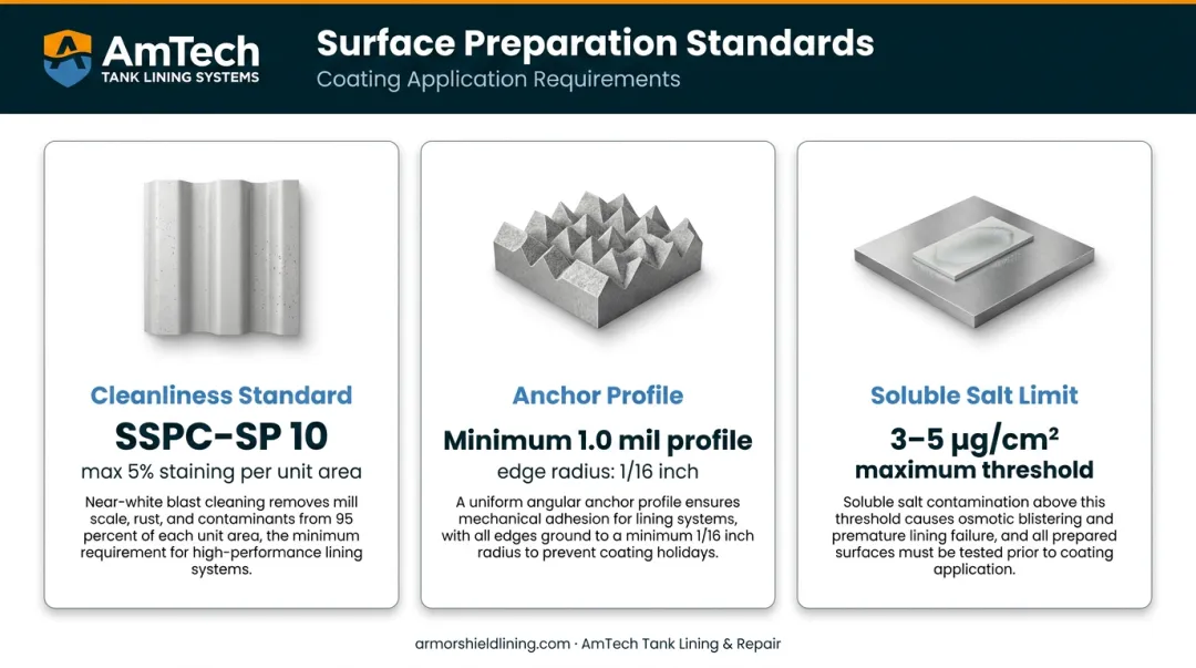 AWWA D103 surface preparation requirements overview including blast standards and contamination thresholds