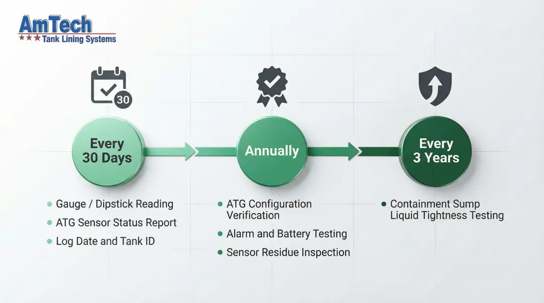 UST interstitial monitoring inspection schedule timeline monthly annual and three-year intervals