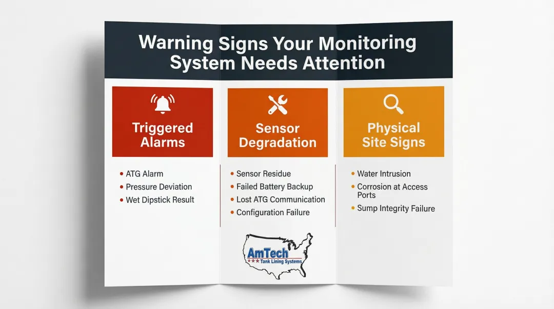 UST interstitial monitoring warning signs checklist for alarms sensors and physical inspection