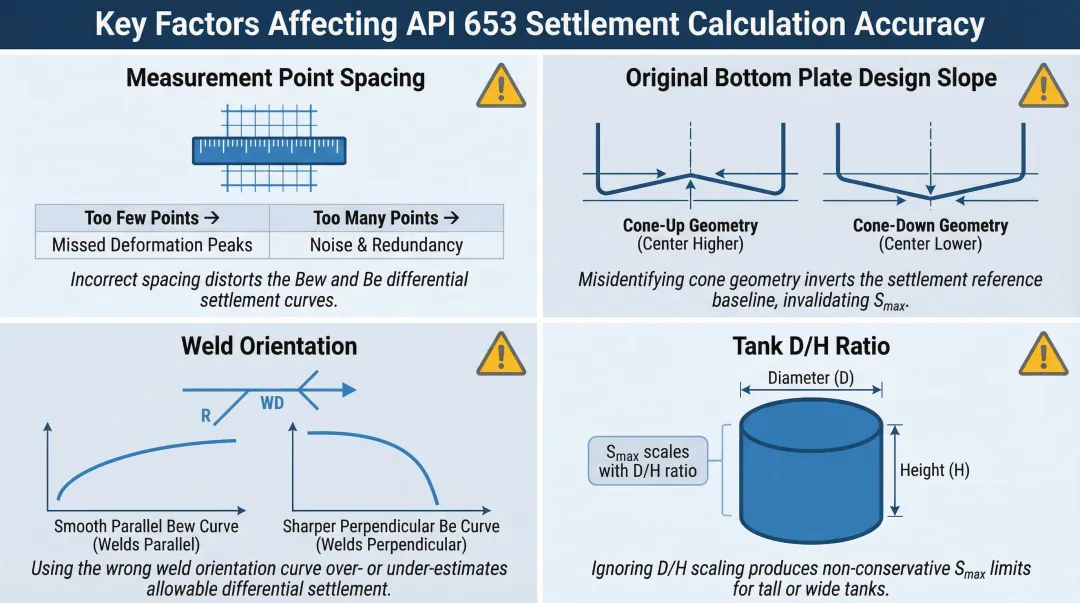 Four key variables affecting API 653 settlement calculation accuracy field practice infographic