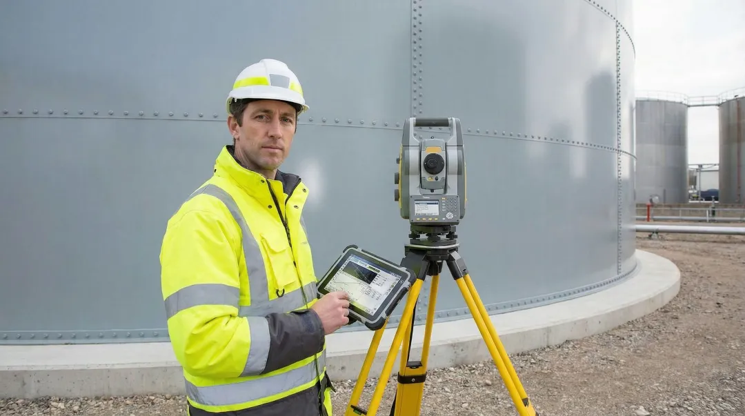 Engineer conducting precision elevation survey around large aboveground storage tank perimeter