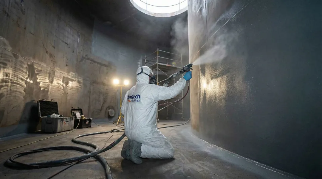 AmTech technician applying NSF-compliant interior lining coating inside commercial water tank