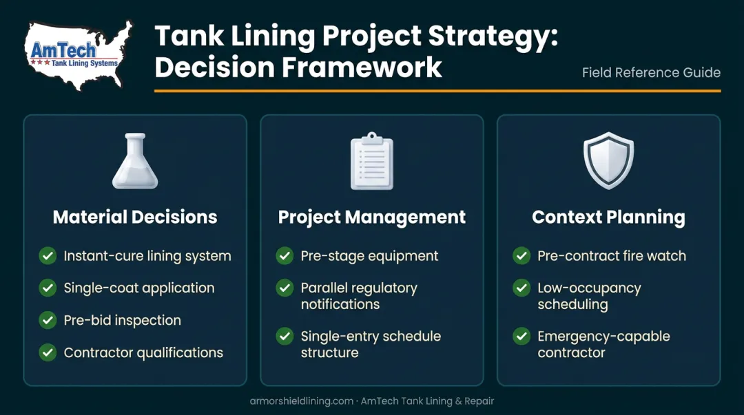Three-phase fire suppression tank relining downtime reduction strategy checklist